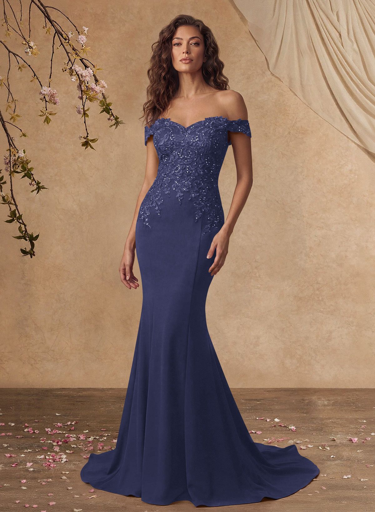 Off-The-Shoulder Elegant Elastic Satin Mother Of The Bride Dresses With Beaded Applique