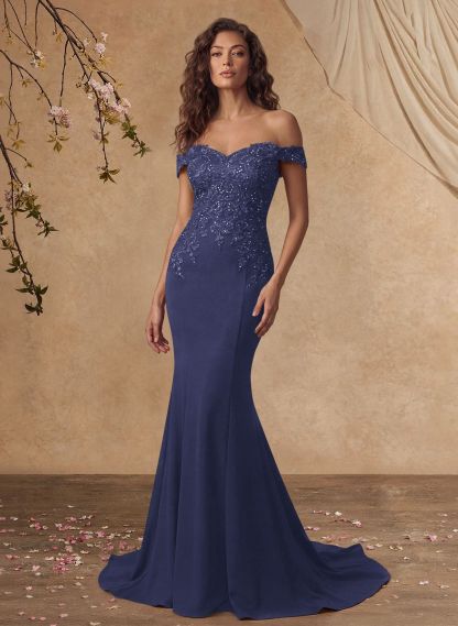 Off-The-Shoulder Elegant Elastic Satin Mother Of The Bride Dresses With Beaded Applique