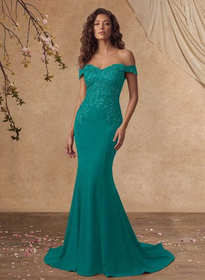 Off-The-Shoulder Elegant Elastic Satin Mother Of The Bride Dresses With Beaded Applique