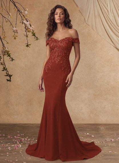 Off-The-Shoulder Elegant Elastic Satin Mother Of The Bride Dresses With Beaded Applique
