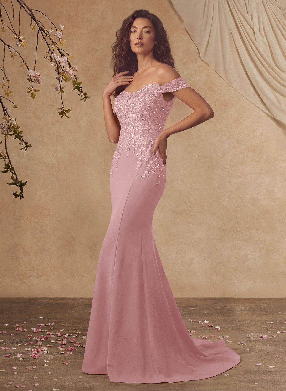 Off-The-Shoulder Elegant Elastic Satin Mother Of The Bride Dresses With Beaded Applique