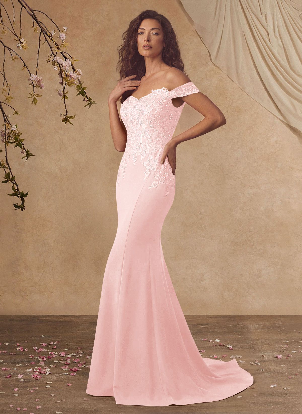 Off-The-Shoulder Elegant Elastic Satin Mother Of The Bride Dresses With Beaded Applique