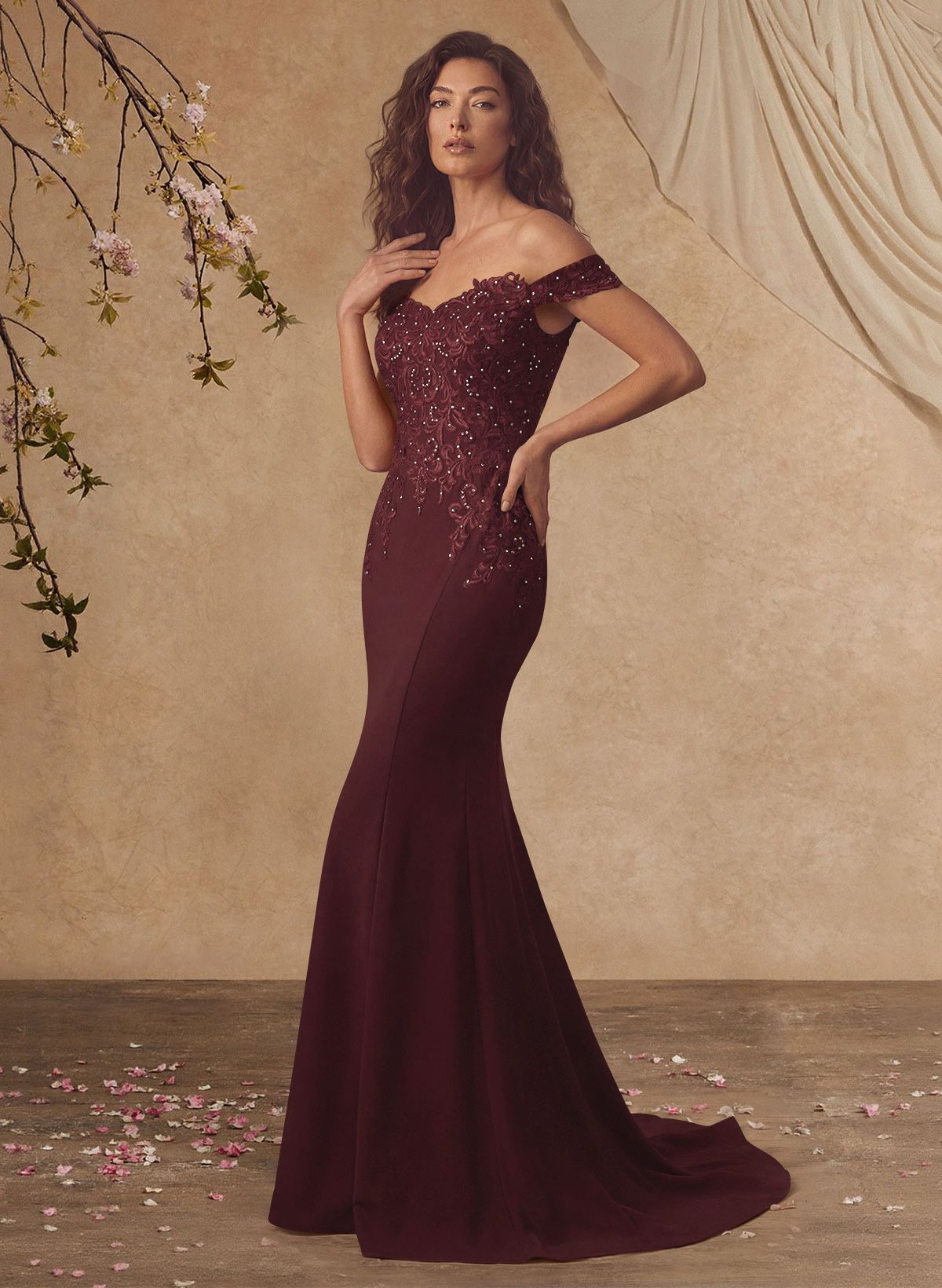 Off-The-Shoulder Elegant Elastic Satin Mother Of The Bride Dresses With Beaded Applique