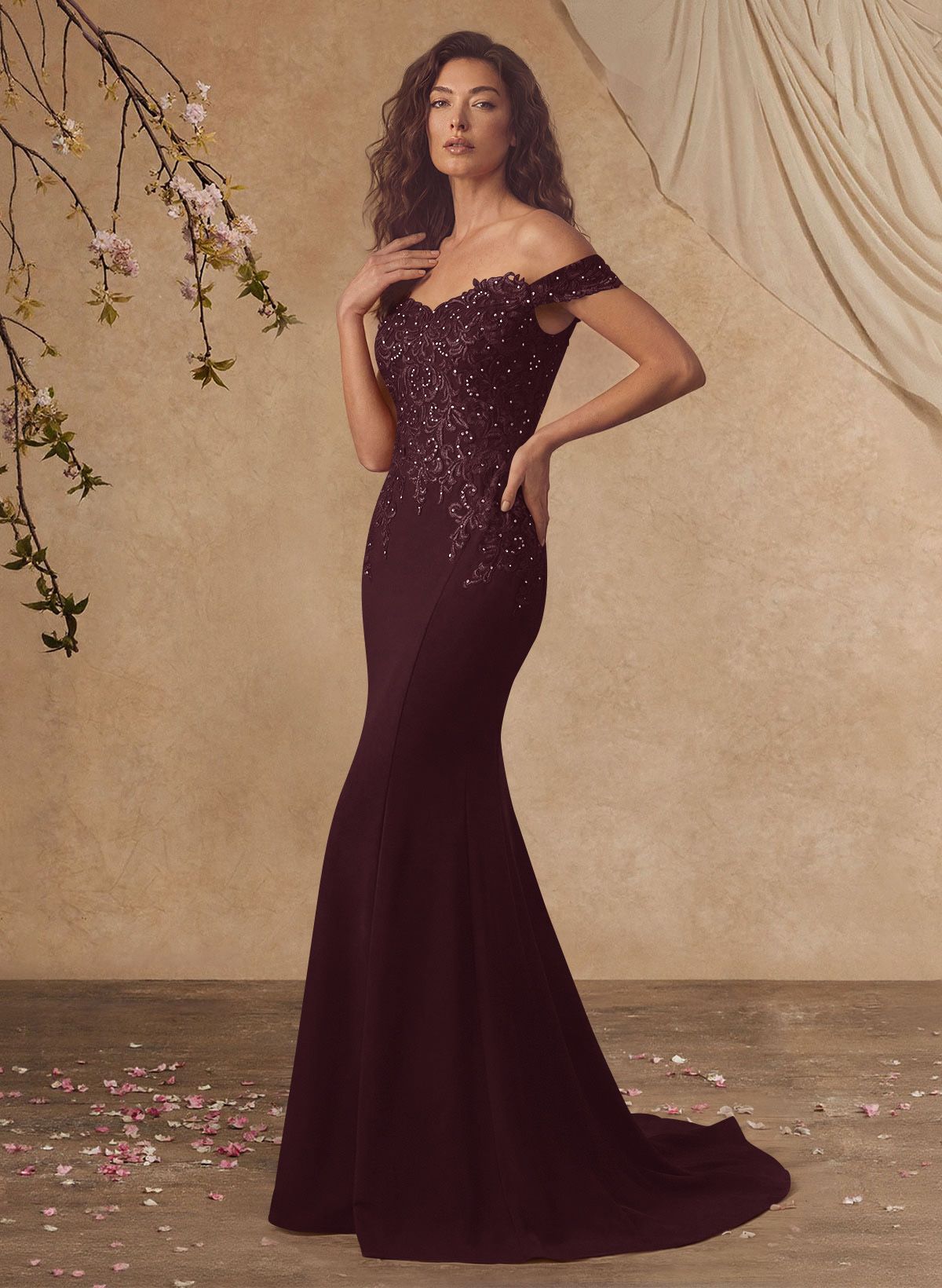 Off-The-Shoulder Elegant Elastic Satin Mother Of The Bride Dresses With Beaded Applique