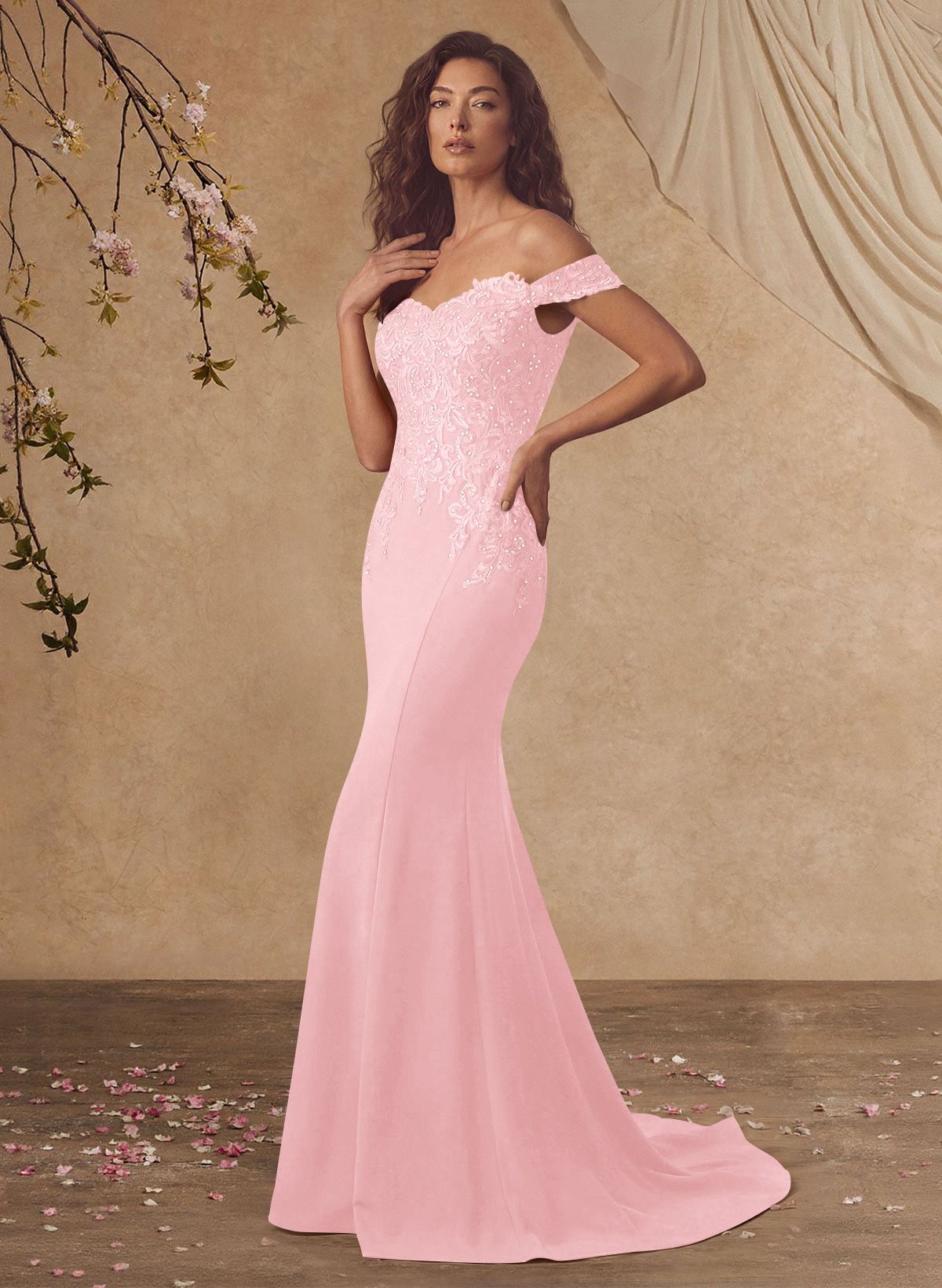 Off-The-Shoulder Elegant Elastic Satin Mother Of The Bride Dresses With Beaded Applique