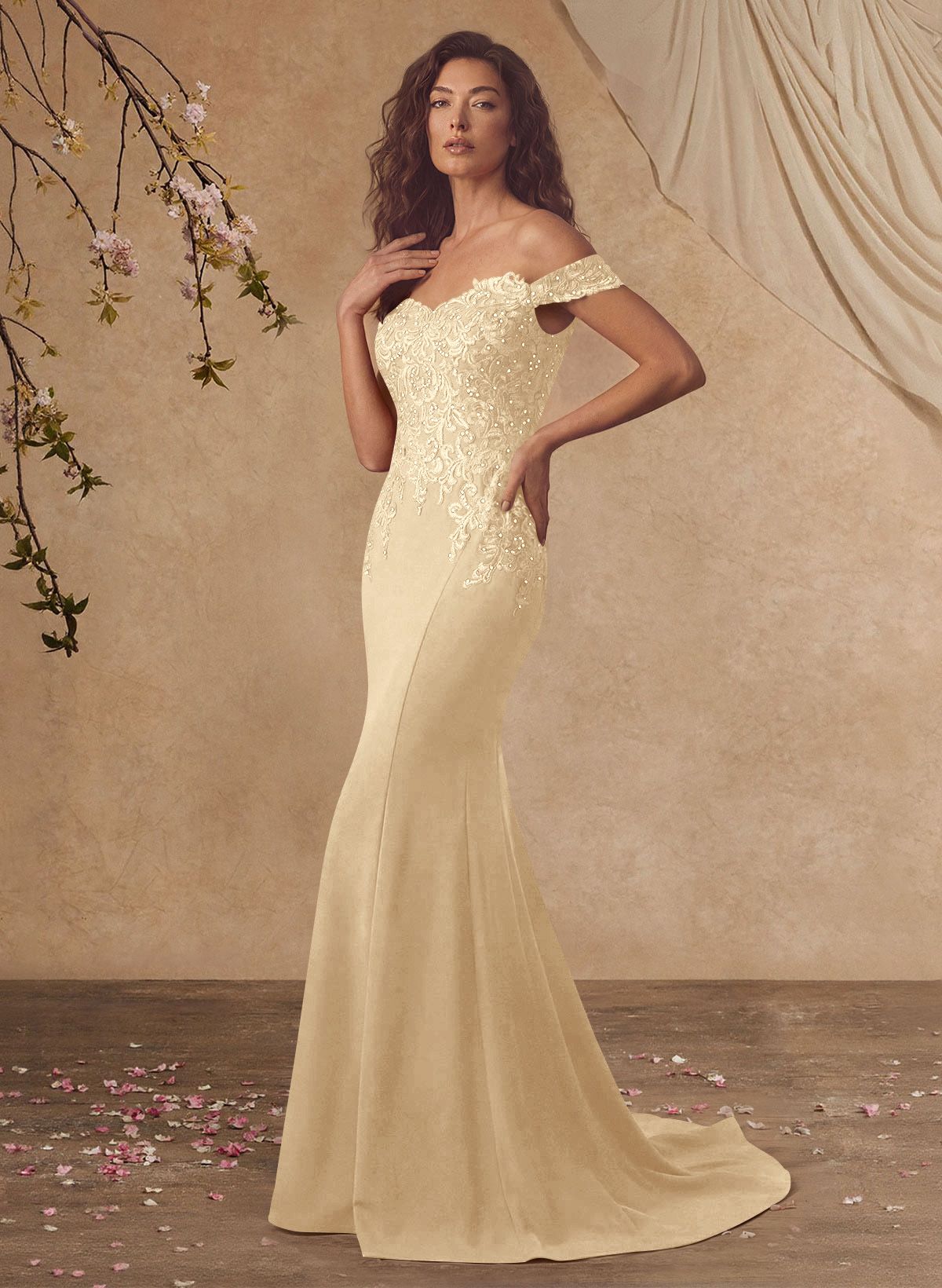 Off-The-Shoulder Elegant Elastic Satin Mother Of The Bride Dresses With Beaded Applique