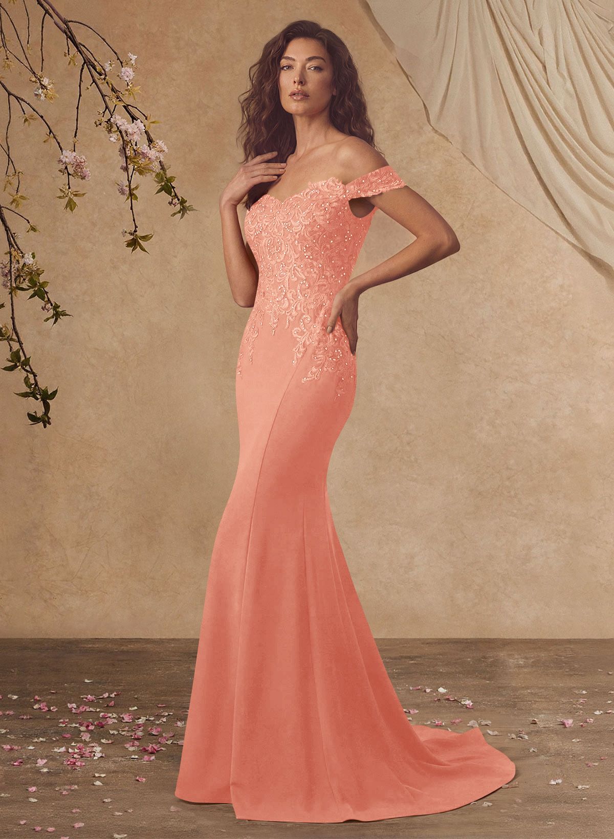 Off-The-Shoulder Elegant Elastic Satin Mother Of The Bride Dresses With Beaded Applique