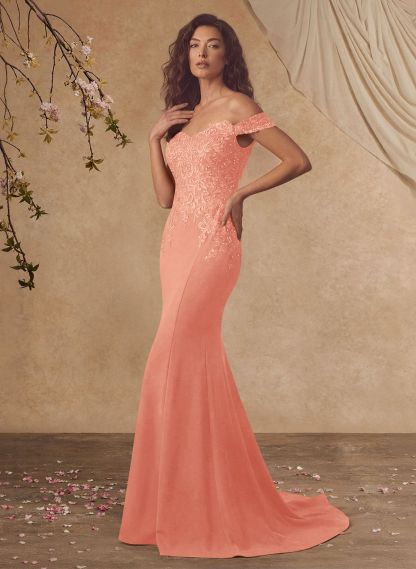 Off-The-Shoulder Elegant Elastic Satin Mother Of The Bride Dresses With Beaded Applique