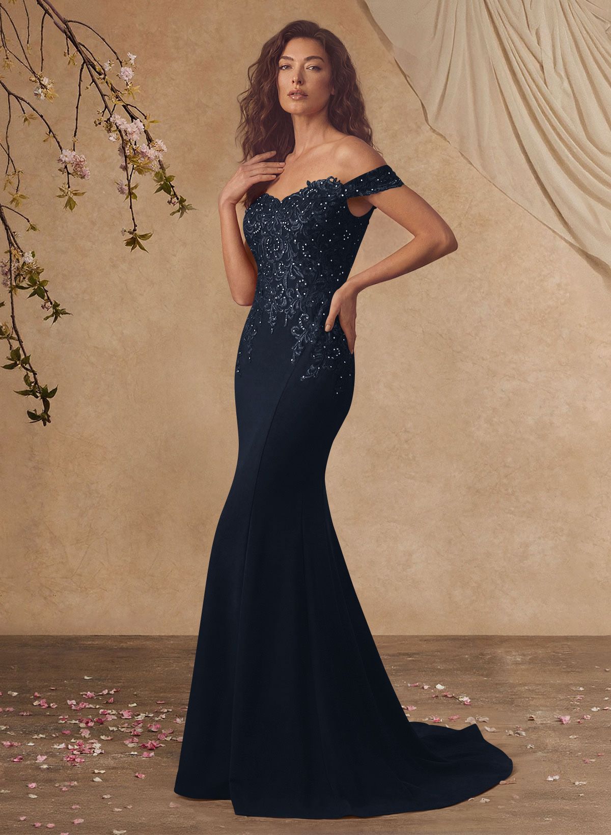 Off-The-Shoulder Elegant Elastic Satin Mother Of The Bride Dresses With Beaded Applique