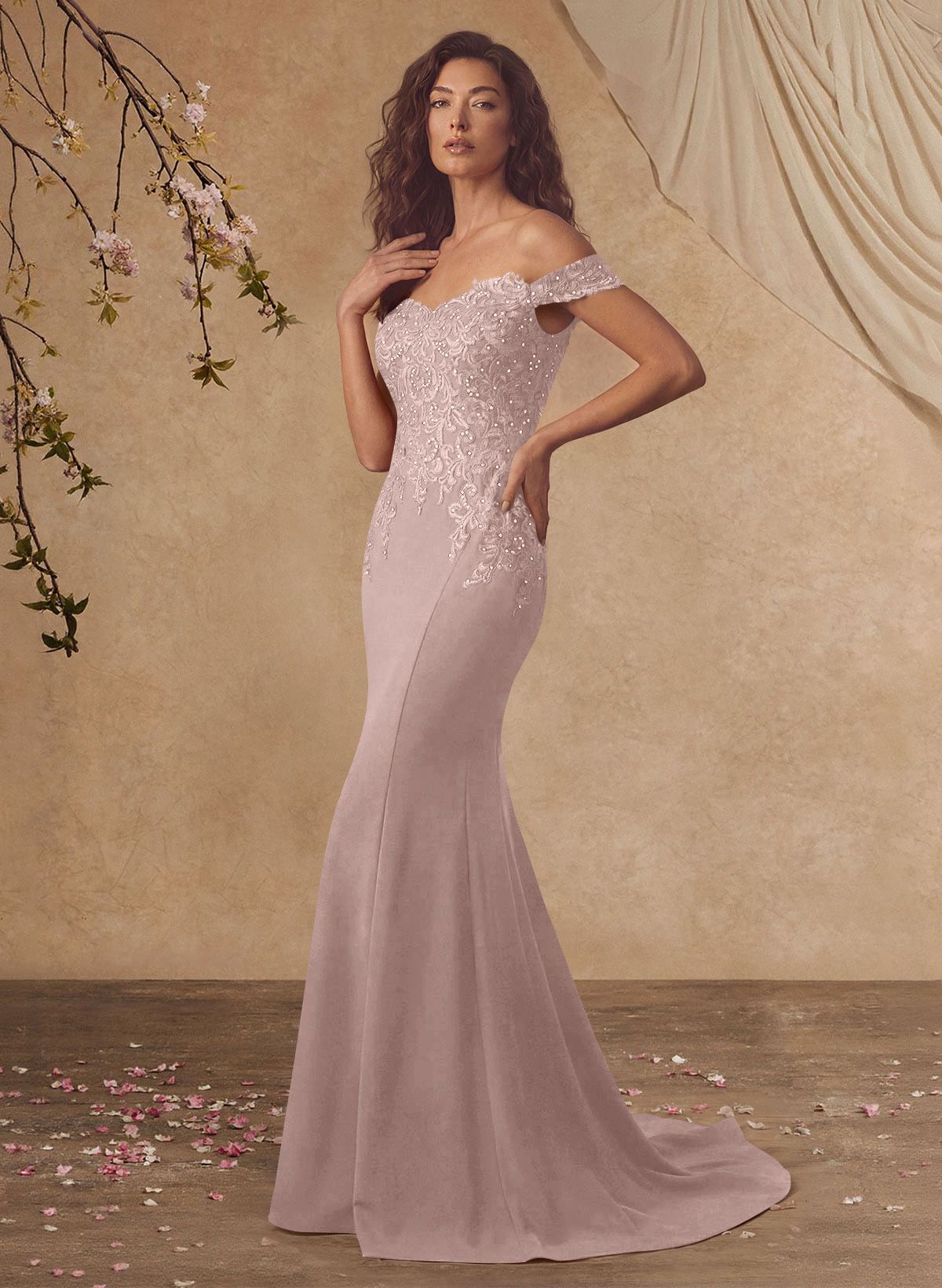 Off-The-Shoulder Elegant Elastic Satin Mother Of The Bride Dresses With Beaded Applique