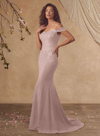 Off-The-Shoulder Elegant Elastic Satin Mother Of The Bride Dresses With Beaded Applique