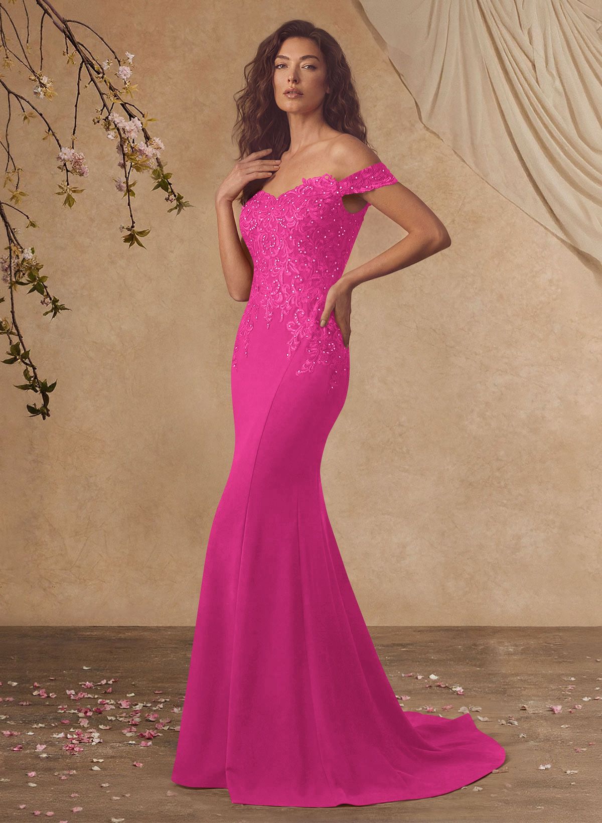 Off-The-Shoulder Elegant Elastic Satin Mother Of The Bride Dresses With Beaded Applique