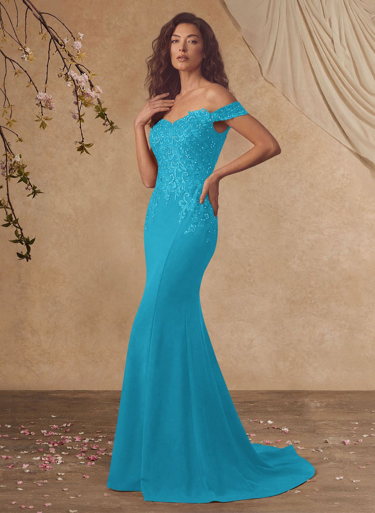 Off-The-Shoulder Elegant Elastic Satin Mother Of The Bride Dresses With Beaded Applique