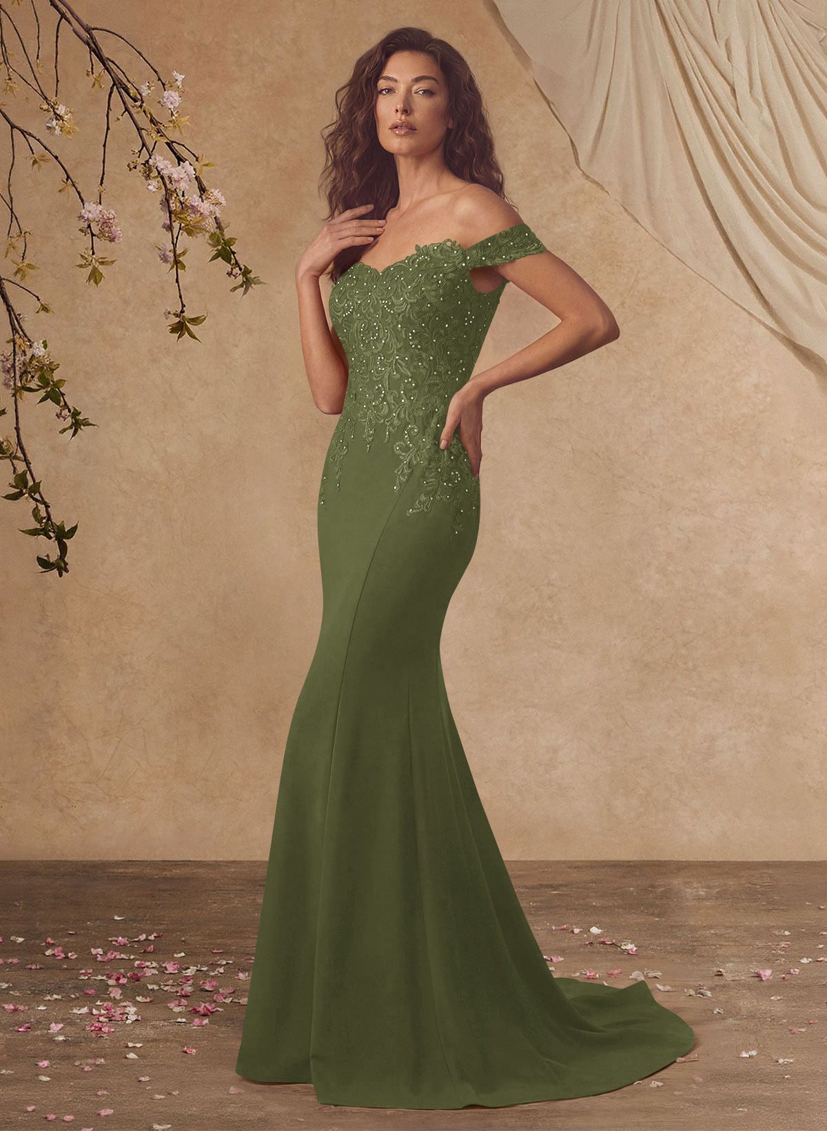 Off-The-Shoulder Elegant Elastic Satin Mother Of The Bride Dresses With Beaded Applique