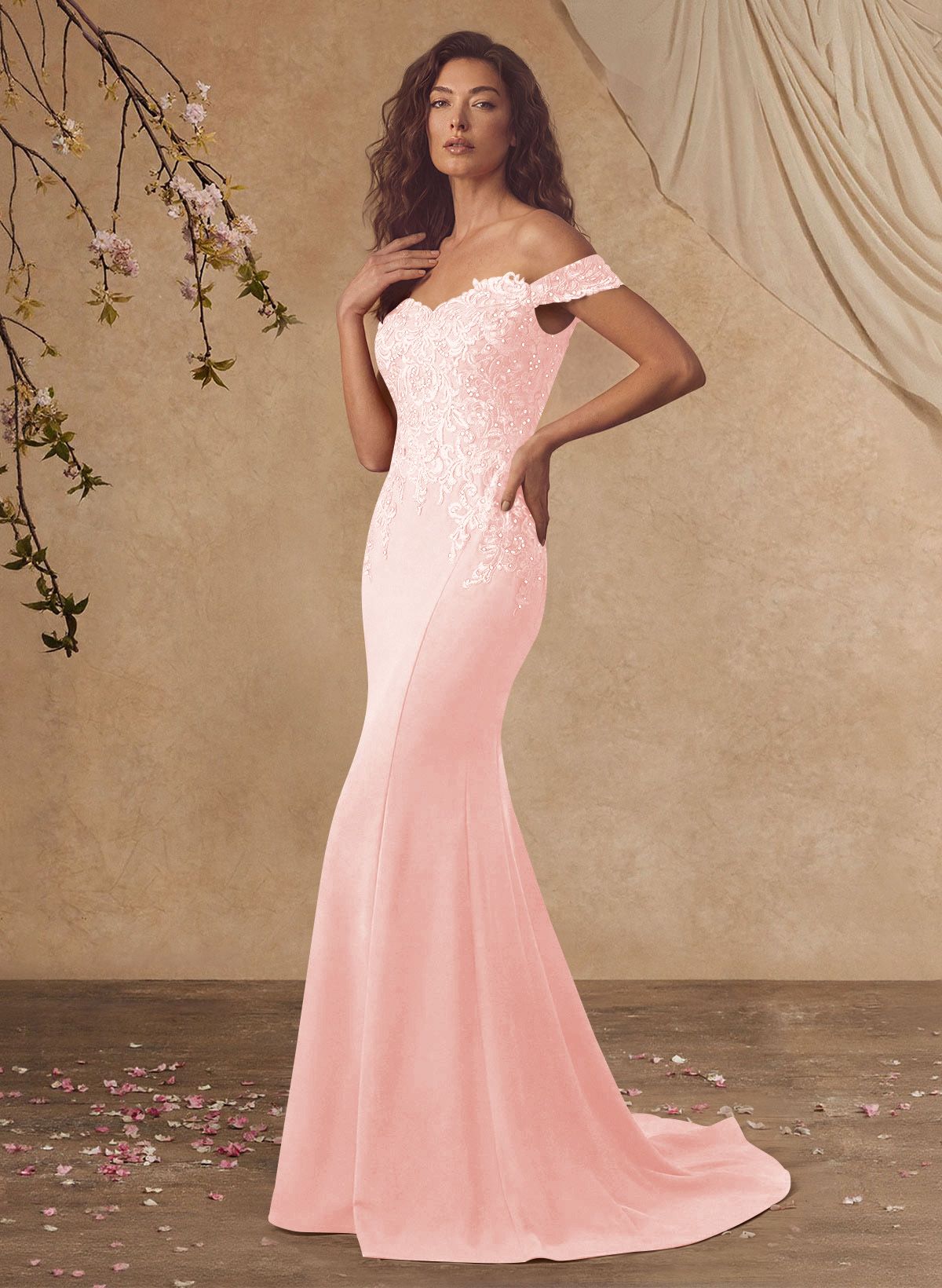 Off-The-Shoulder Elegant Elastic Satin Mother Of The Bride Dresses With Beaded Applique
