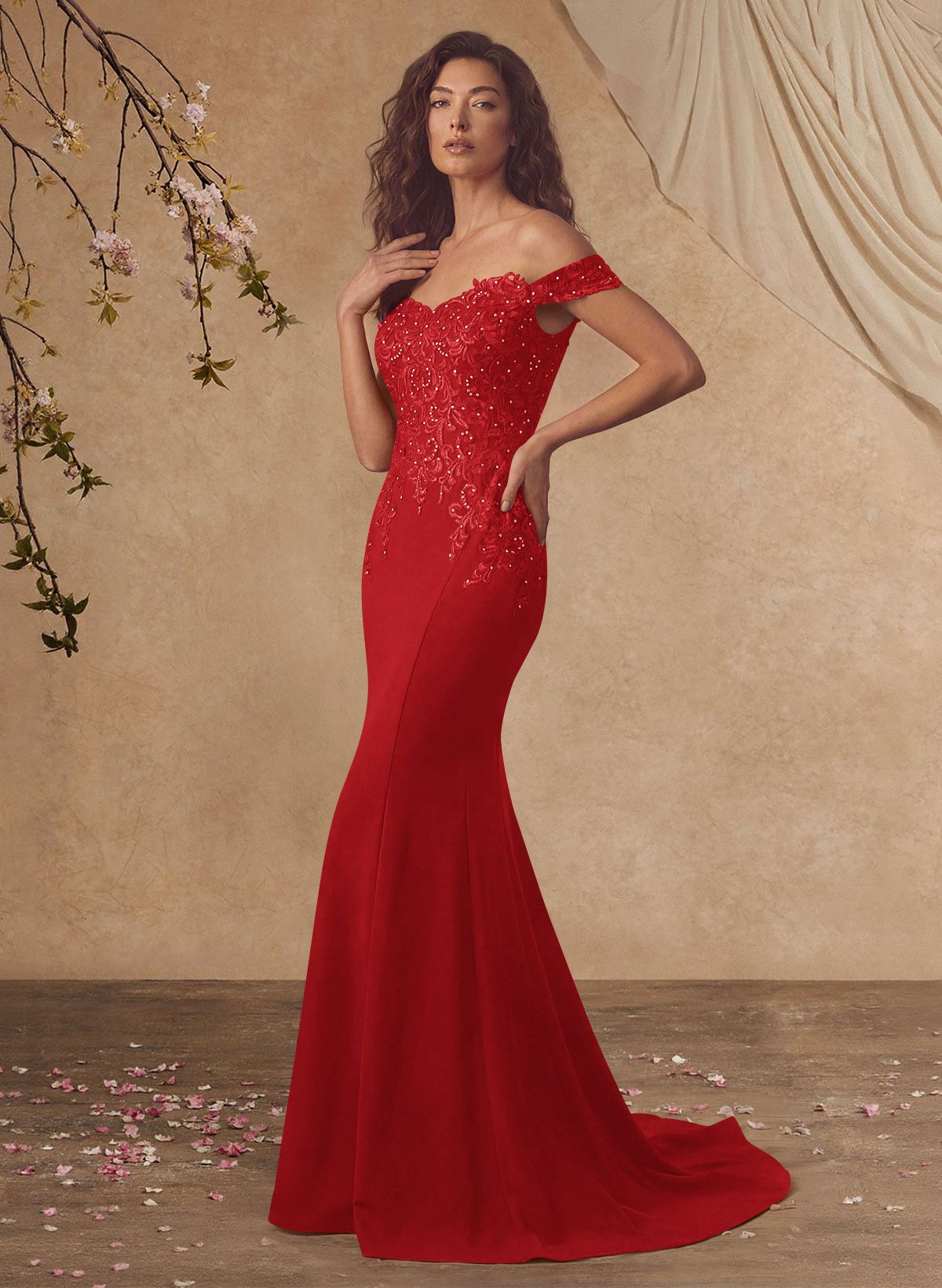 Off-The-Shoulder Elegant Elastic Satin Mother Of The Bride Dresses With Beaded Applique