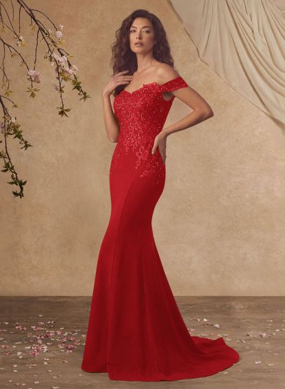 Off-The-Shoulder Elegant Elastic Satin Mother Of The Bride Dresses With Beaded Applique