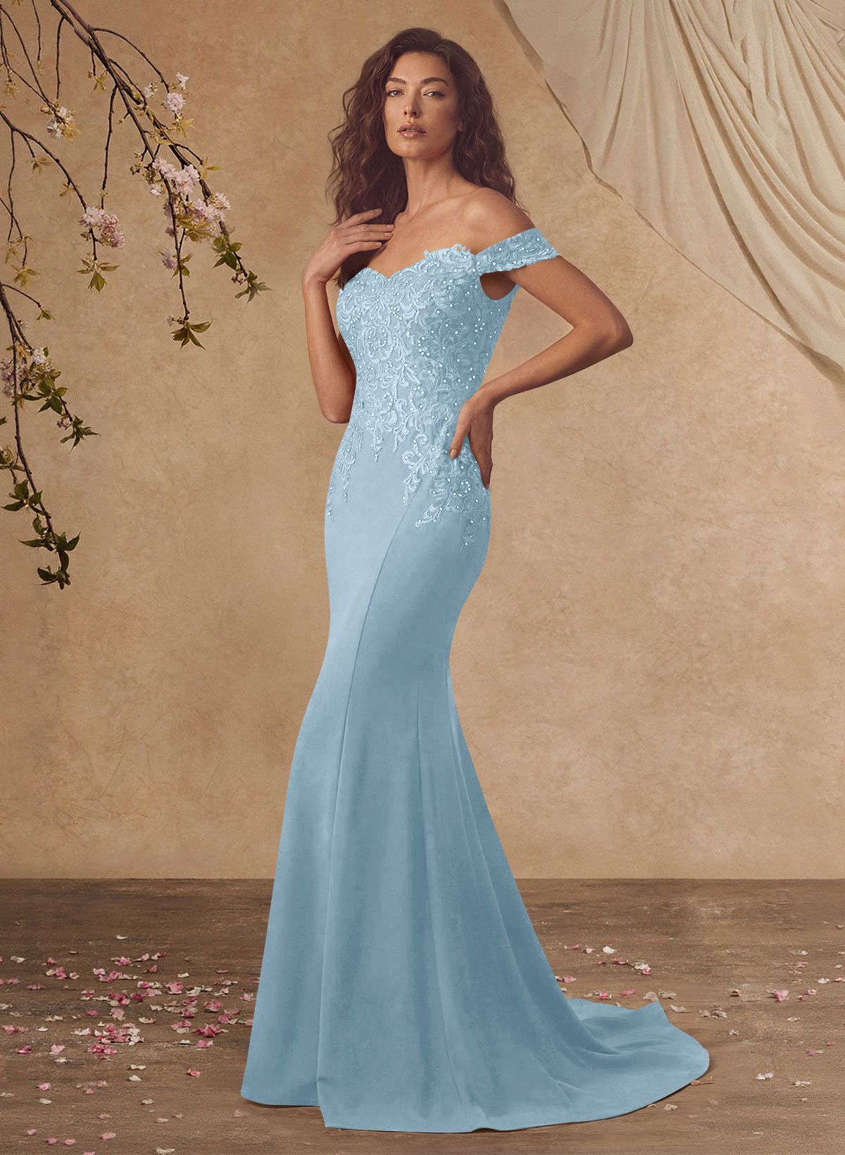 Off-The-Shoulder Elegant Elastic Satin Mother Of The Bride Dresses With Beaded Applique