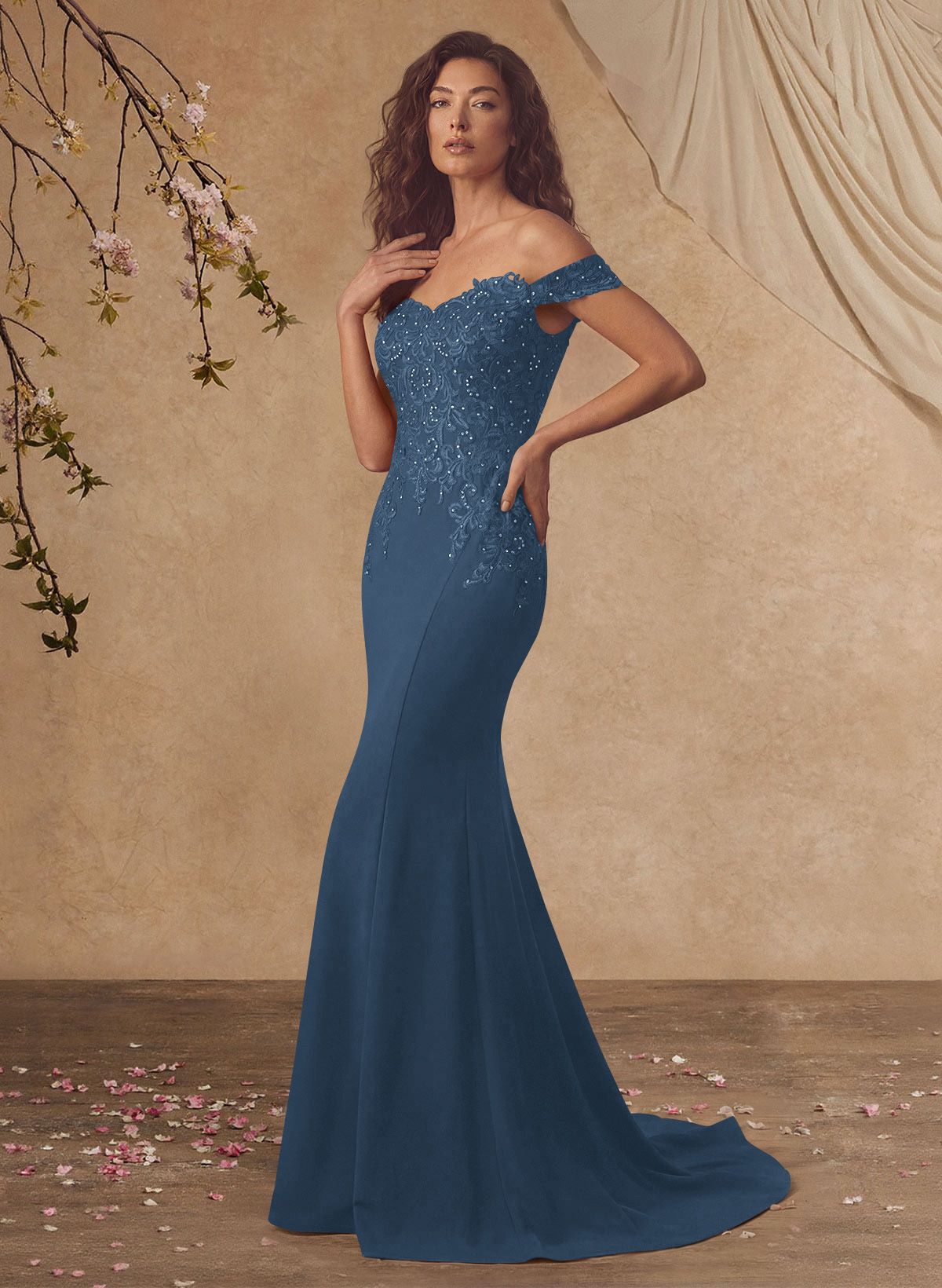 Off-The-Shoulder Elegant Elastic Satin Mother Of The Bride Dresses With Beaded Applique