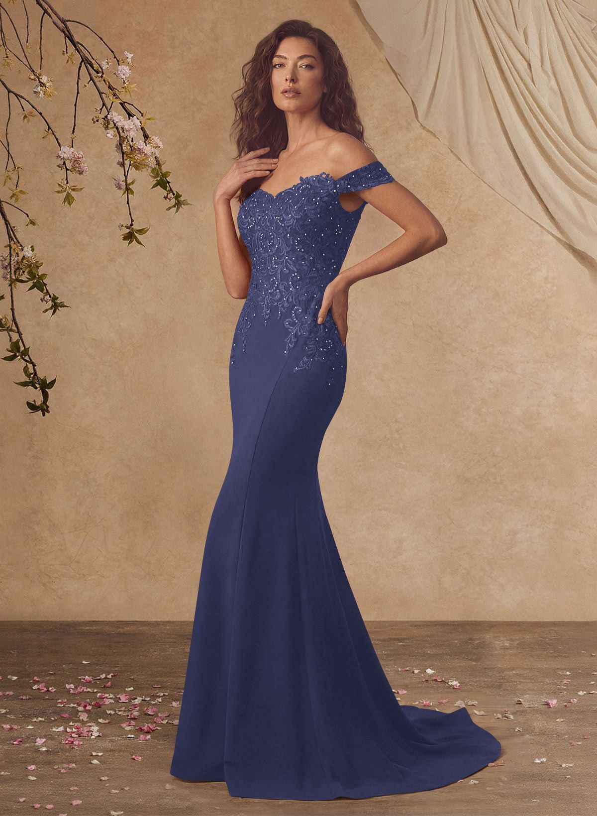 Off-The-Shoulder Elegant Elastic Satin Mother Of The Bride Dresses With Beaded Applique
