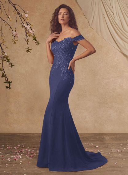 Off-The-Shoulder Elegant Elastic Satin Mother Of The Bride Dresses With Beaded Applique