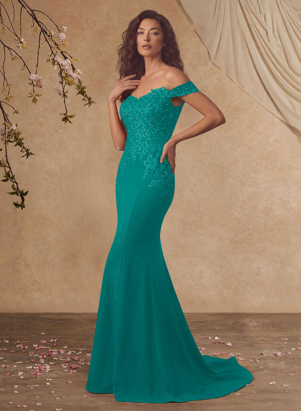 Off-The-Shoulder Elegant Elastic Satin Mother Of The Bride Dresses With Beaded Applique