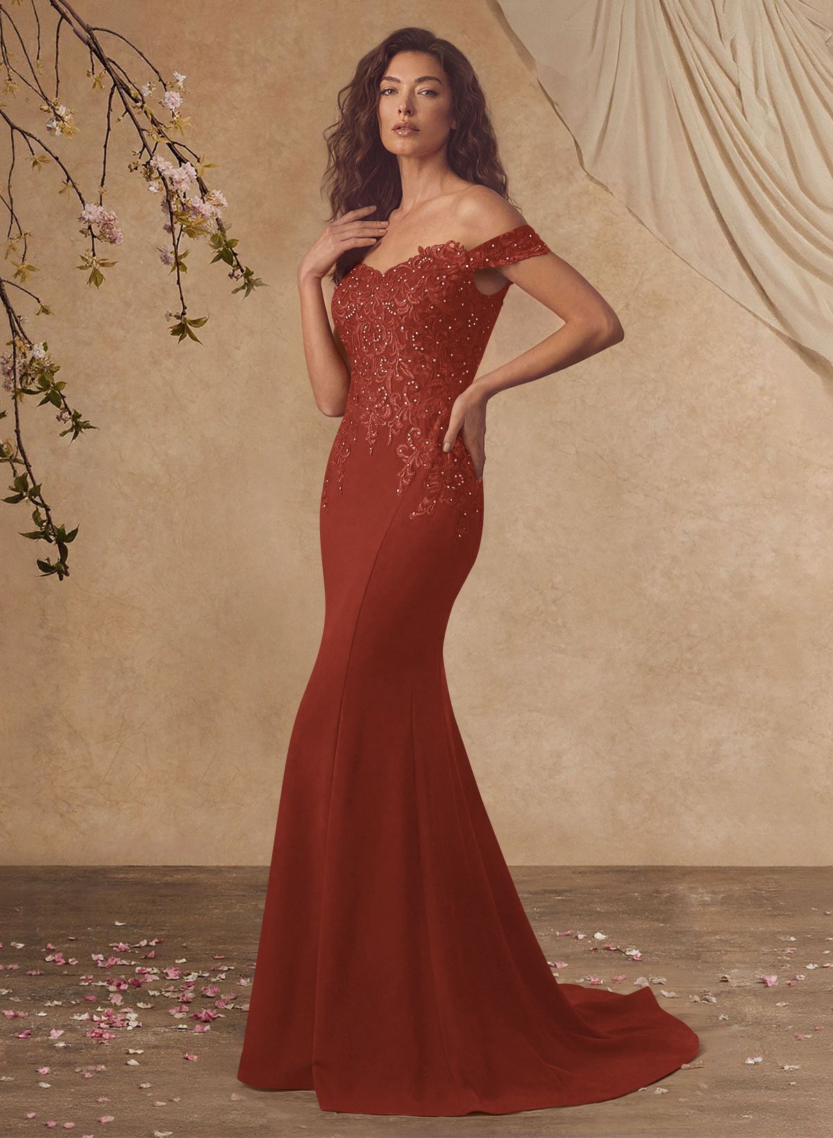 Off-The-Shoulder Elegant Elastic Satin Mother Of The Bride Dresses With Beaded Applique