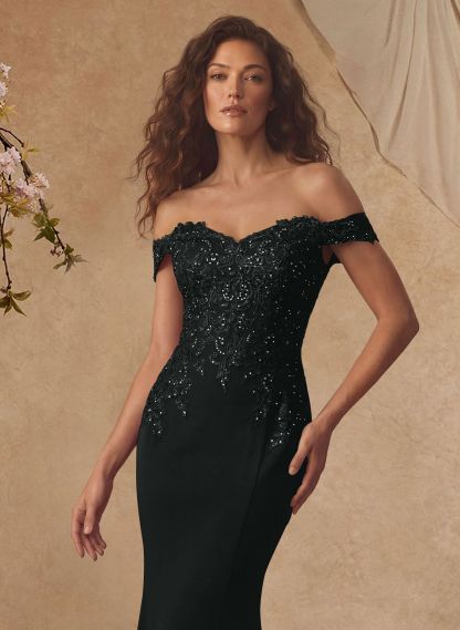 Off-The-Shoulder Elegant Elastic Satin Mother Of The Bride Dresses With Beaded Applique