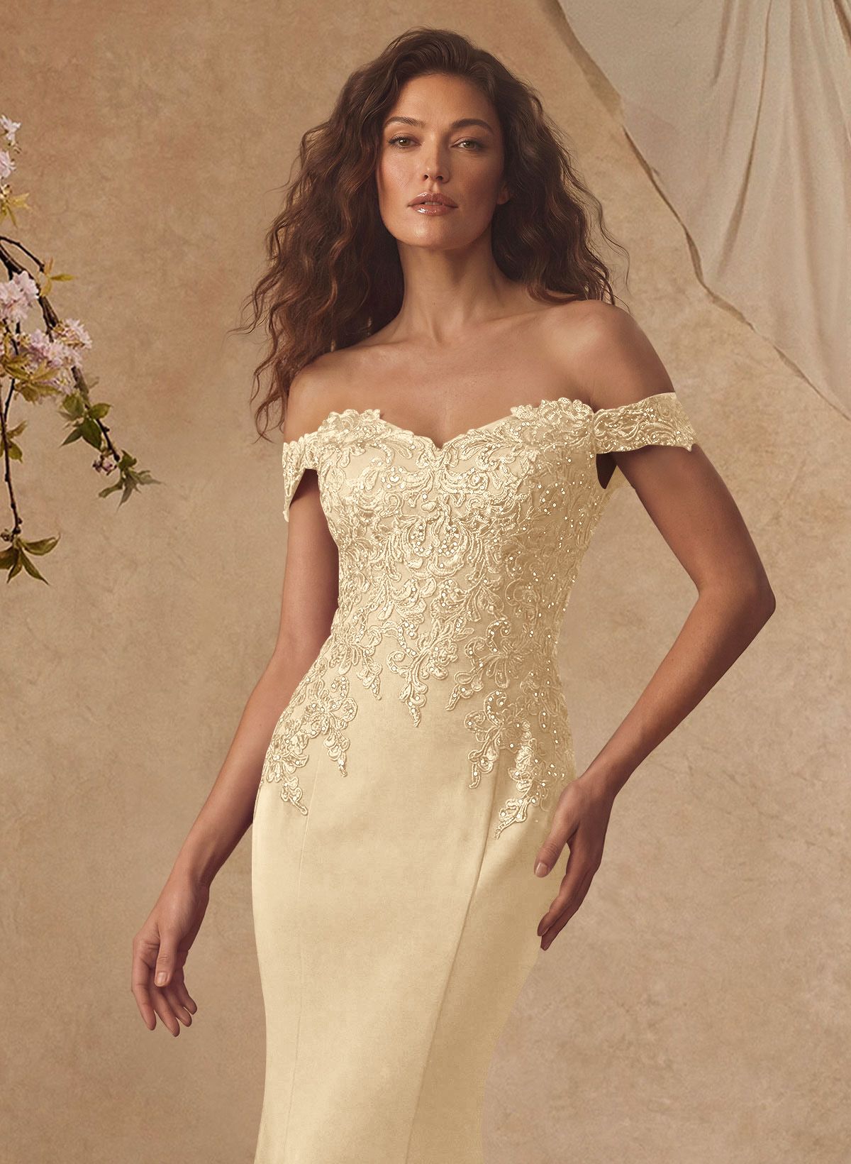 Off-The-Shoulder Elegant Elastic Satin Mother Of The Bride Dresses With Beaded Applique