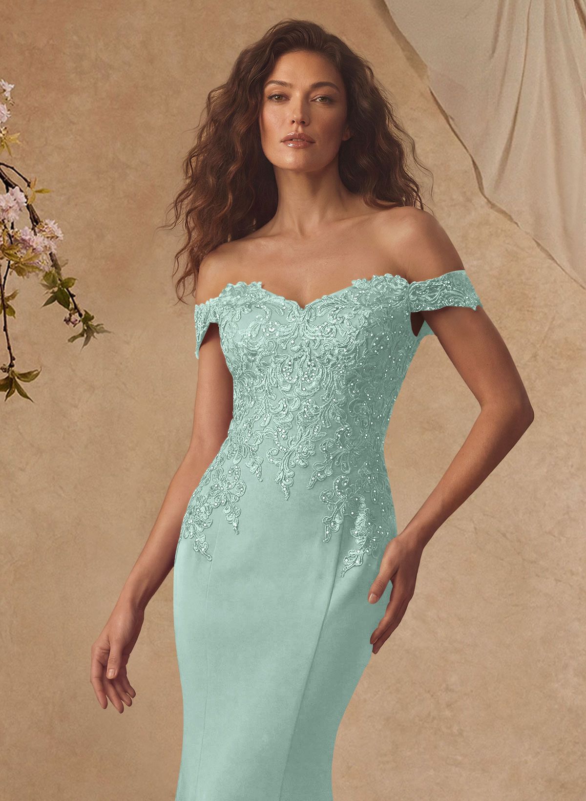 Off-The-Shoulder Elegant Elastic Satin Mother Of The Bride Dresses With Beaded Applique