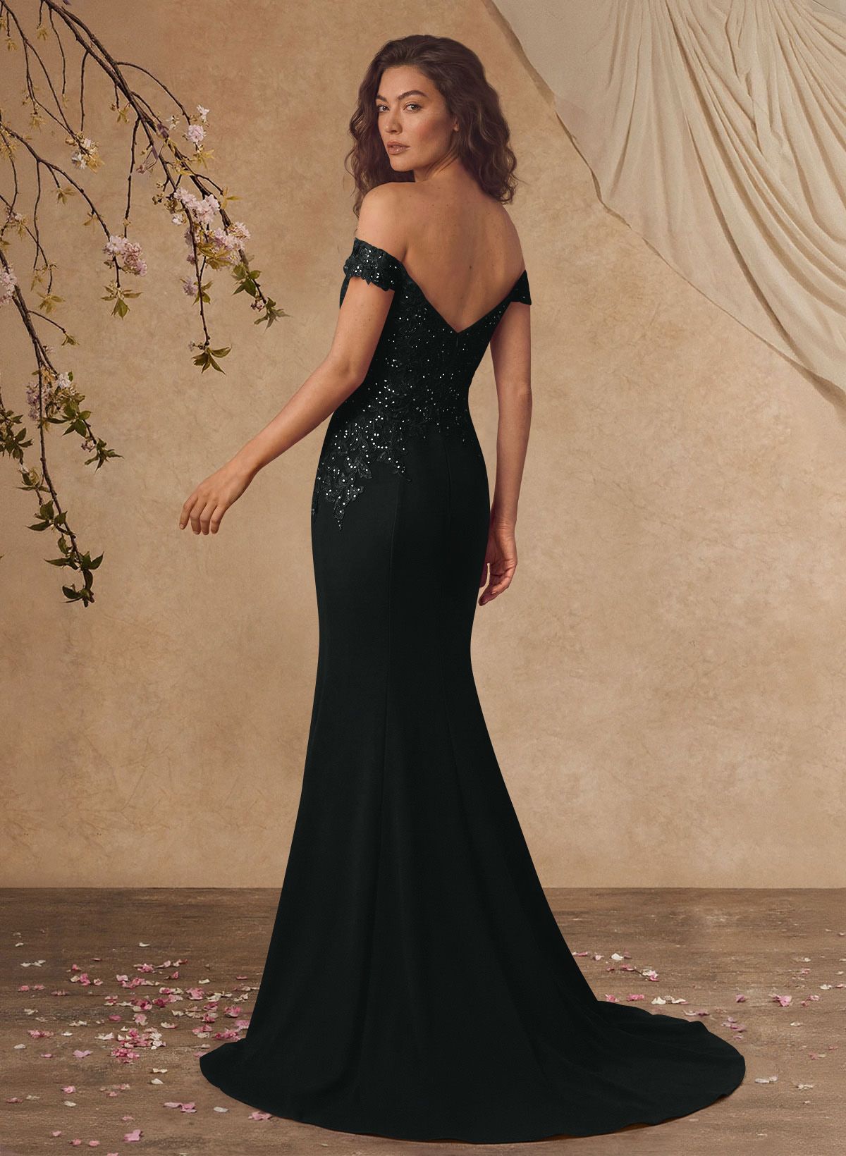 Off-The-Shoulder Elegant Elastic Satin Mother Of The Bride Dresses With Beaded Applique