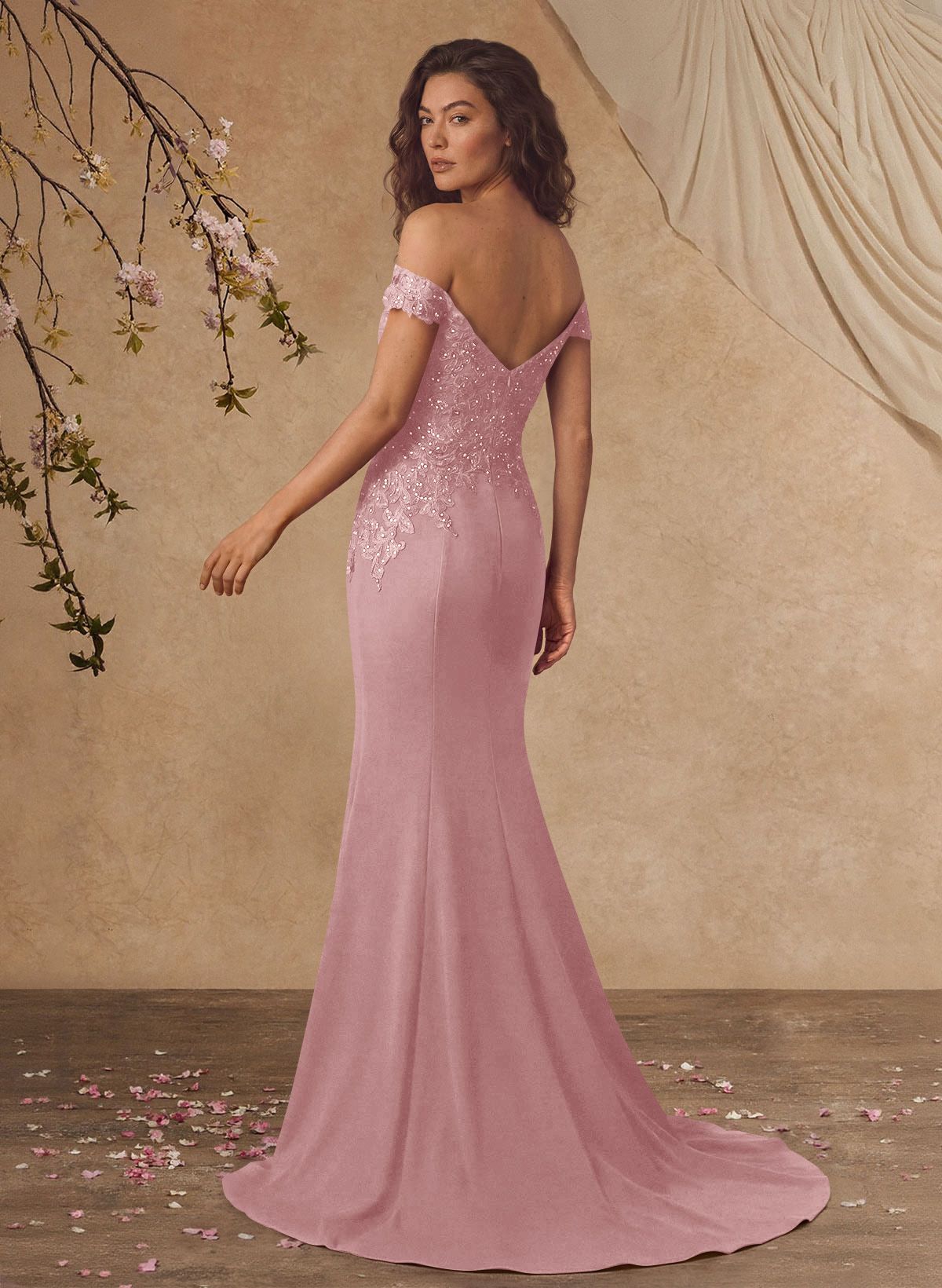 Off-The-Shoulder Elegant Elastic Satin Mother Of The Bride Dresses With Beaded Applique