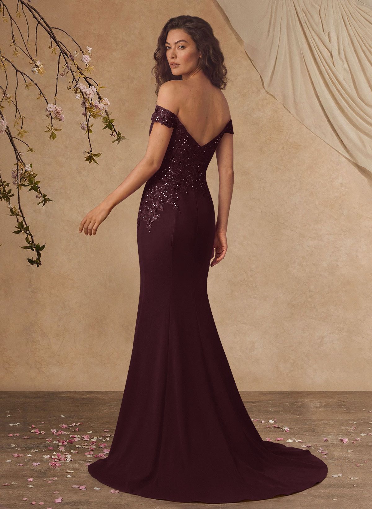 Off-The-Shoulder Elegant Elastic Satin Mother Of The Bride Dresses With Beaded Applique