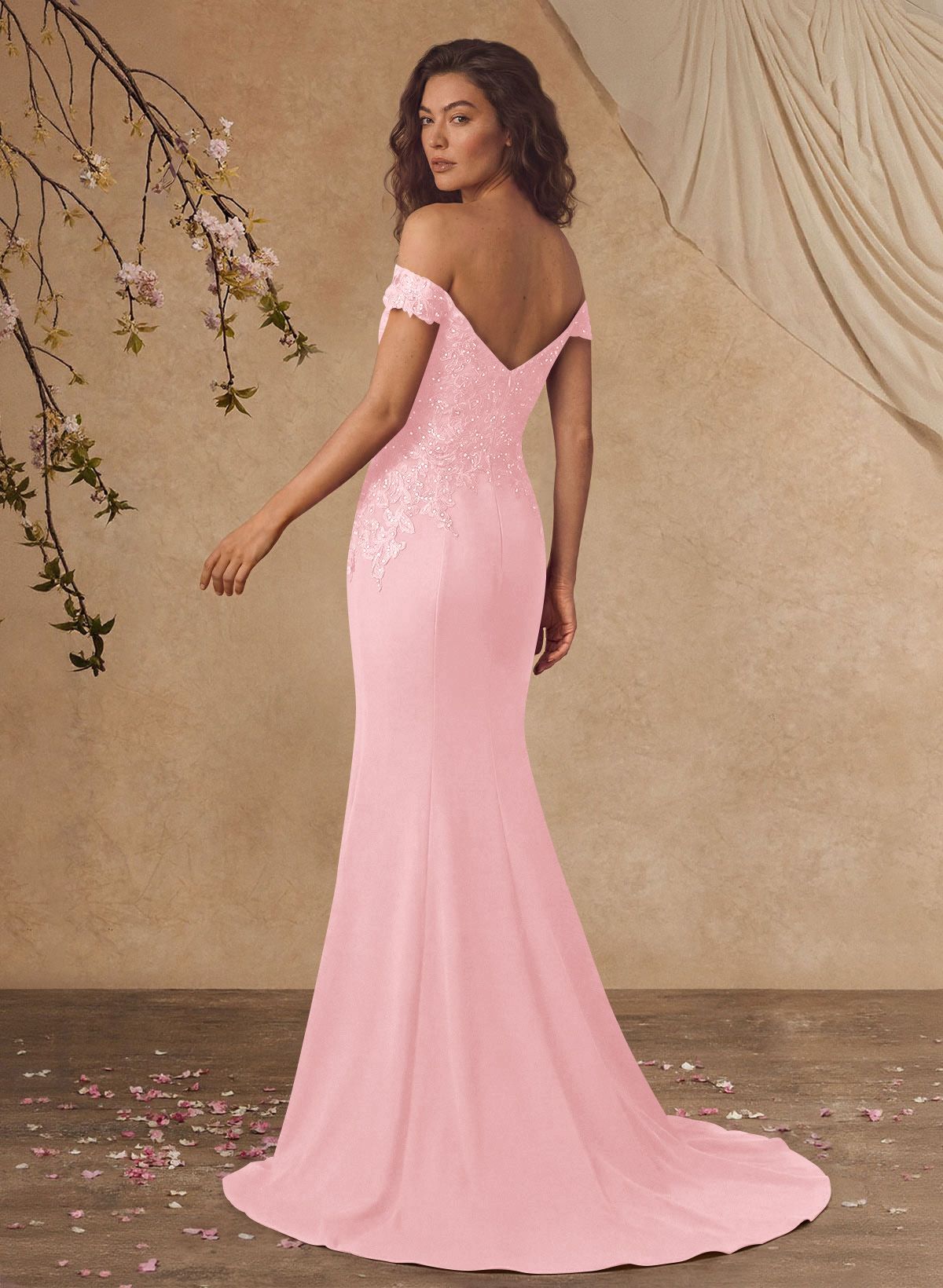 Off-The-Shoulder Elegant Elastic Satin Mother Of The Bride Dresses With Beaded Applique