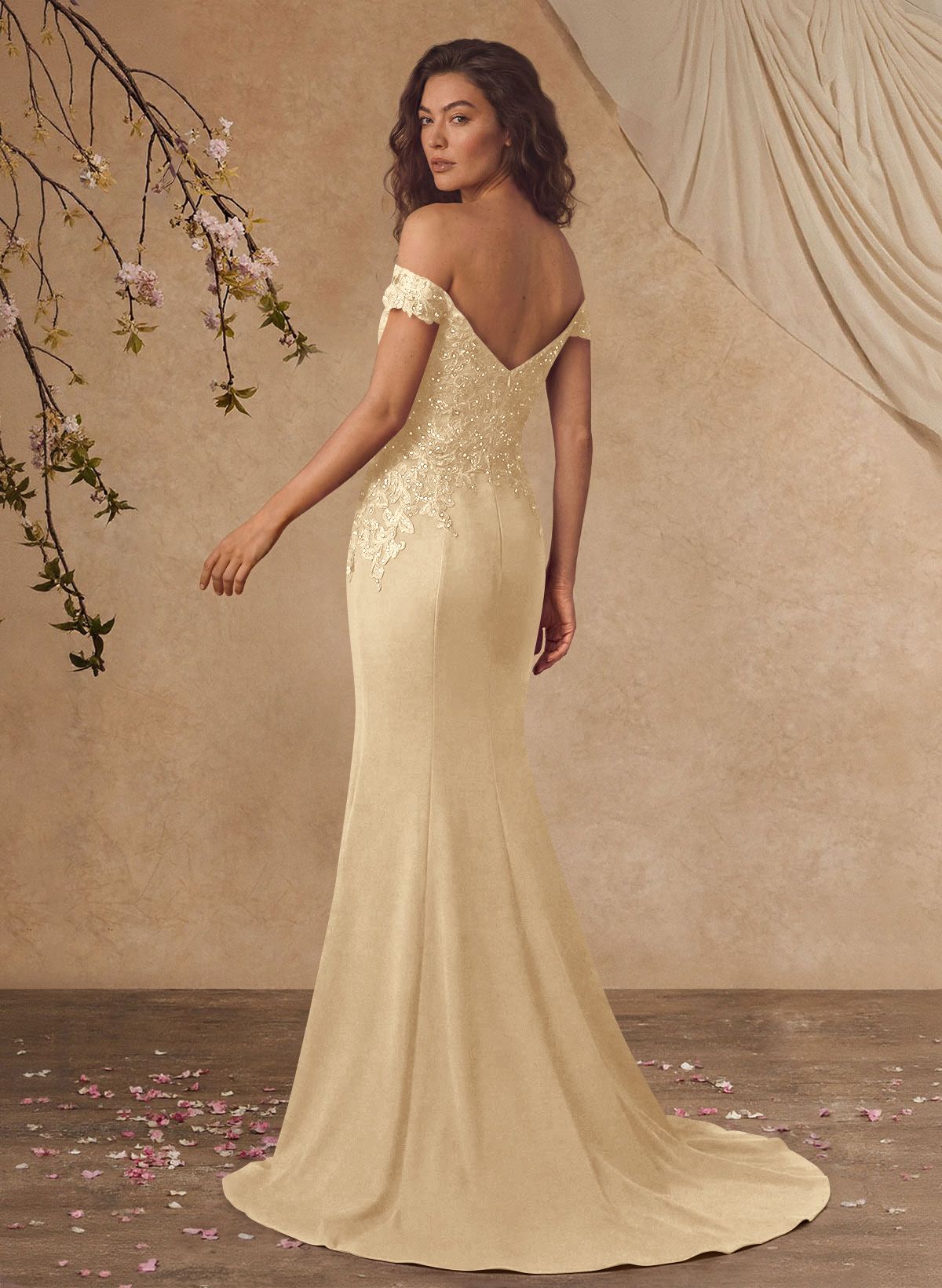 Off-The-Shoulder Elegant Elastic Satin Mother Of The Bride Dresses With Beaded Applique