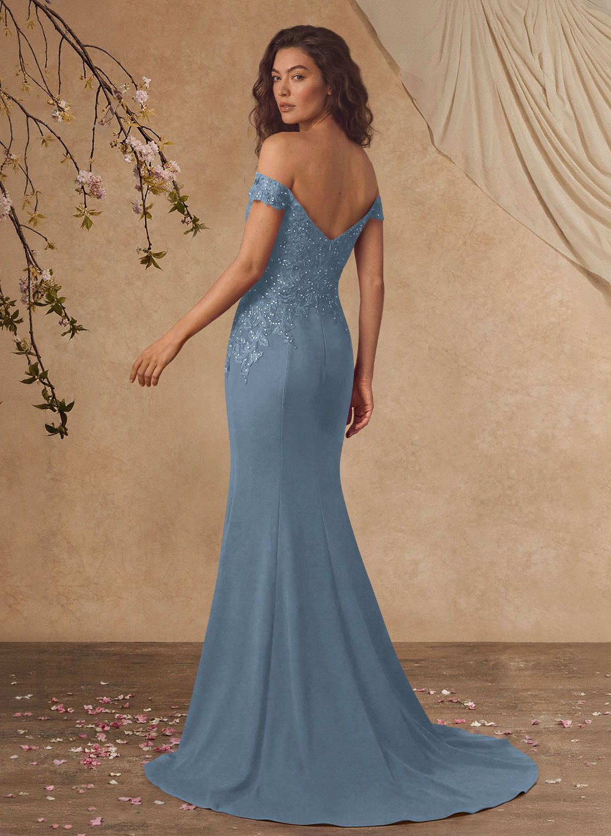 Off-The-Shoulder Elegant Elastic Satin Mother Of The Bride Dresses With Beaded Applique