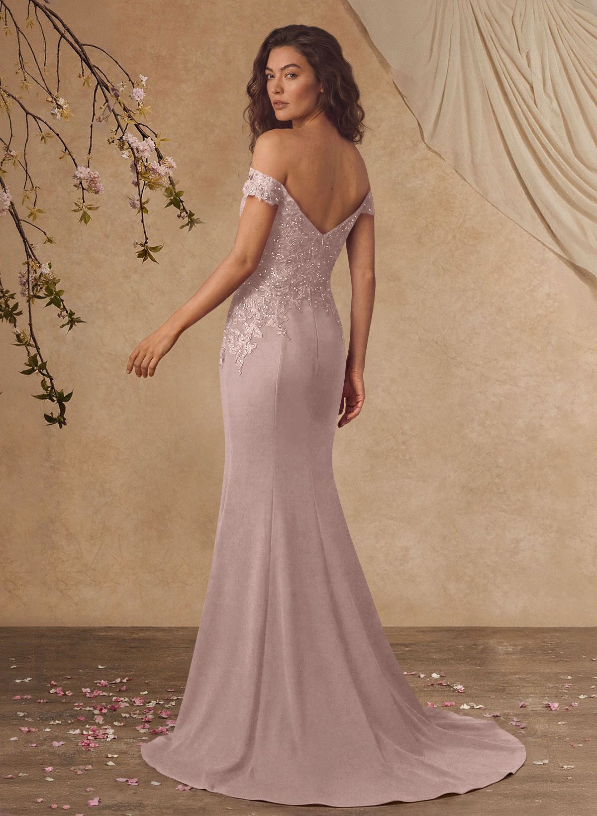 Off-The-Shoulder Elegant Elastic Satin Mother Of The Bride Dresses With Beaded Applique