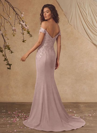 Off-The-Shoulder Elegant Elastic Satin Mother Of The Bride Dresses With Beaded Applique