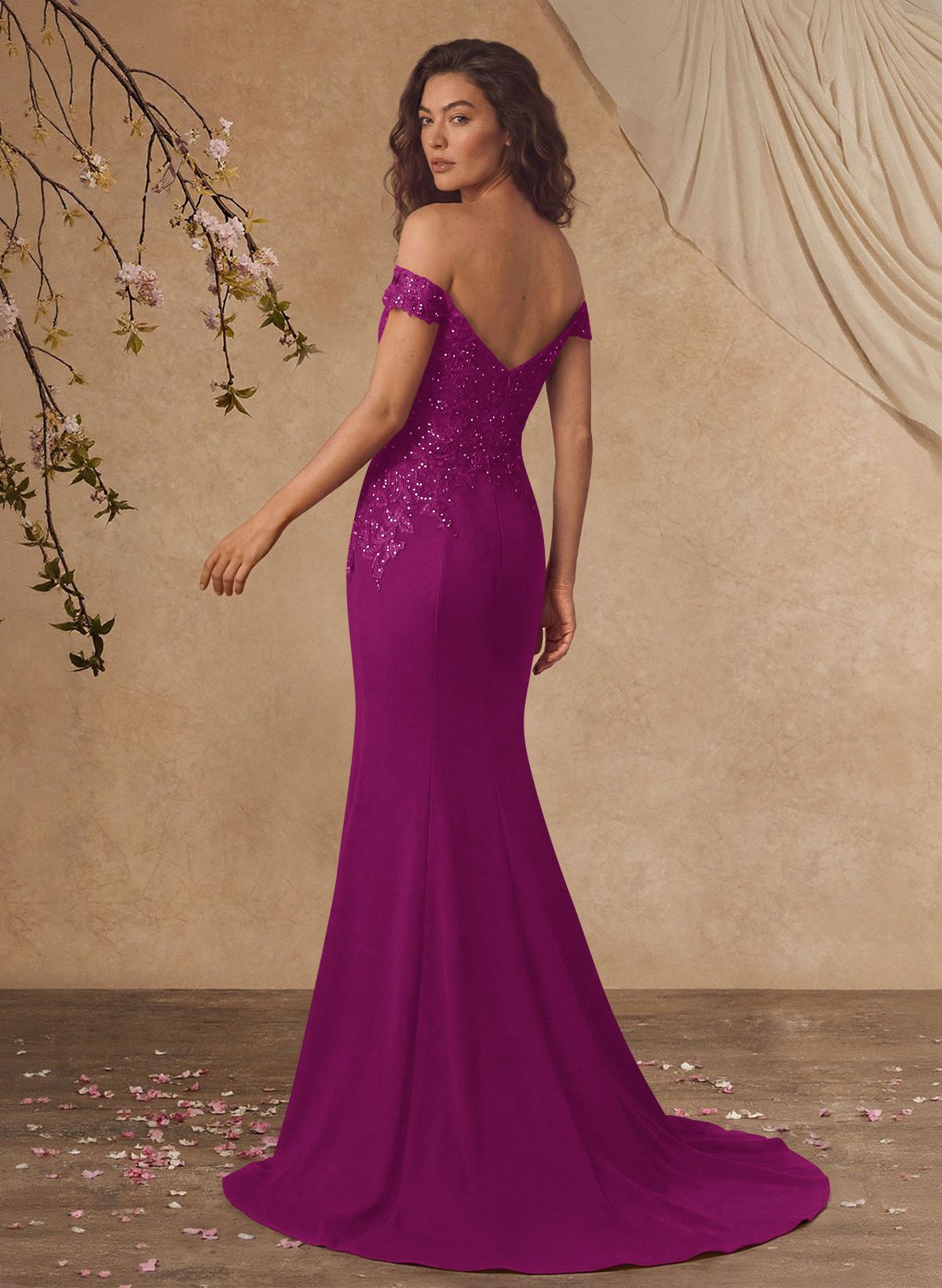 Off-The-Shoulder Elegant Elastic Satin Mother Of The Bride Dresses With Beaded Applique