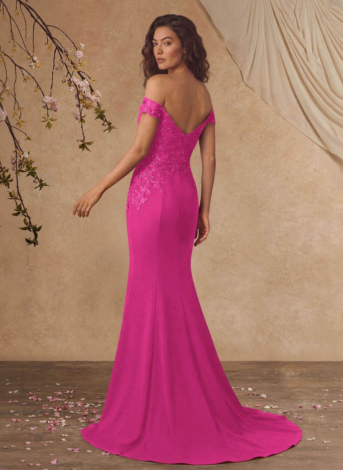 Off-The-Shoulder Elegant Elastic Satin Mother Of The Bride Dresses With Beaded Applique
