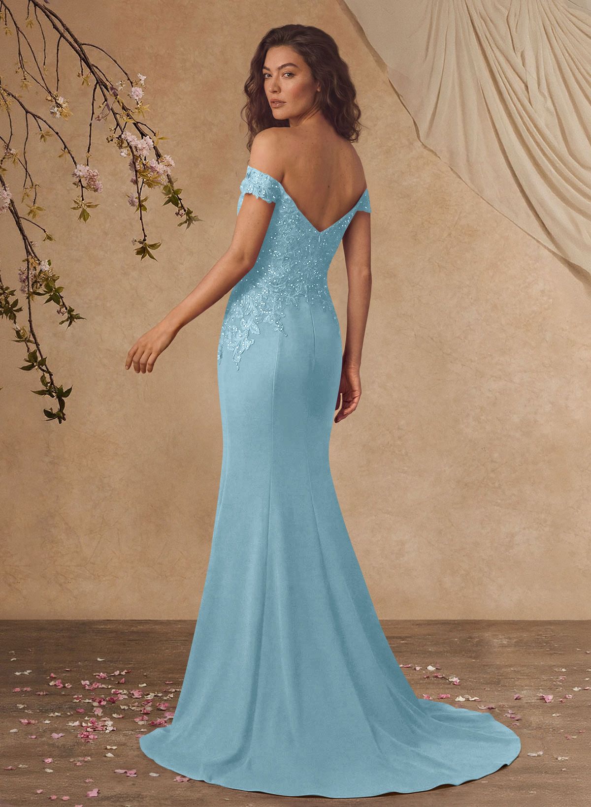 Off-The-Shoulder Elegant Elastic Satin Mother Of The Bride Dresses With Beaded Applique