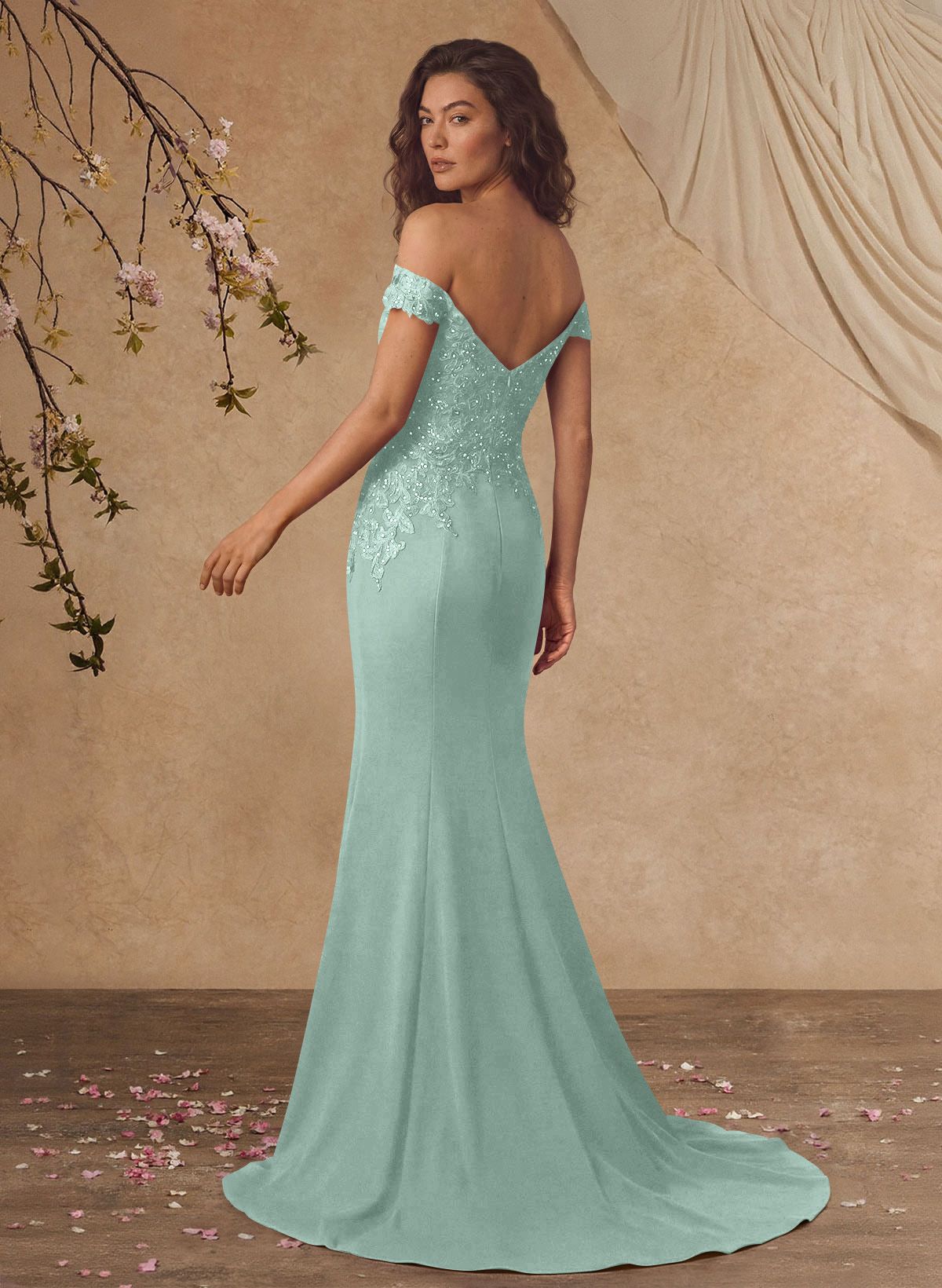 Off-The-Shoulder Elegant Elastic Satin Mother Of The Bride Dresses With Beaded Applique