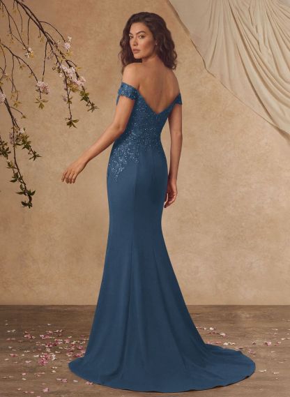 Off-The-Shoulder Elegant Elastic Satin Mother Of The Bride Dresses With Beaded Applique