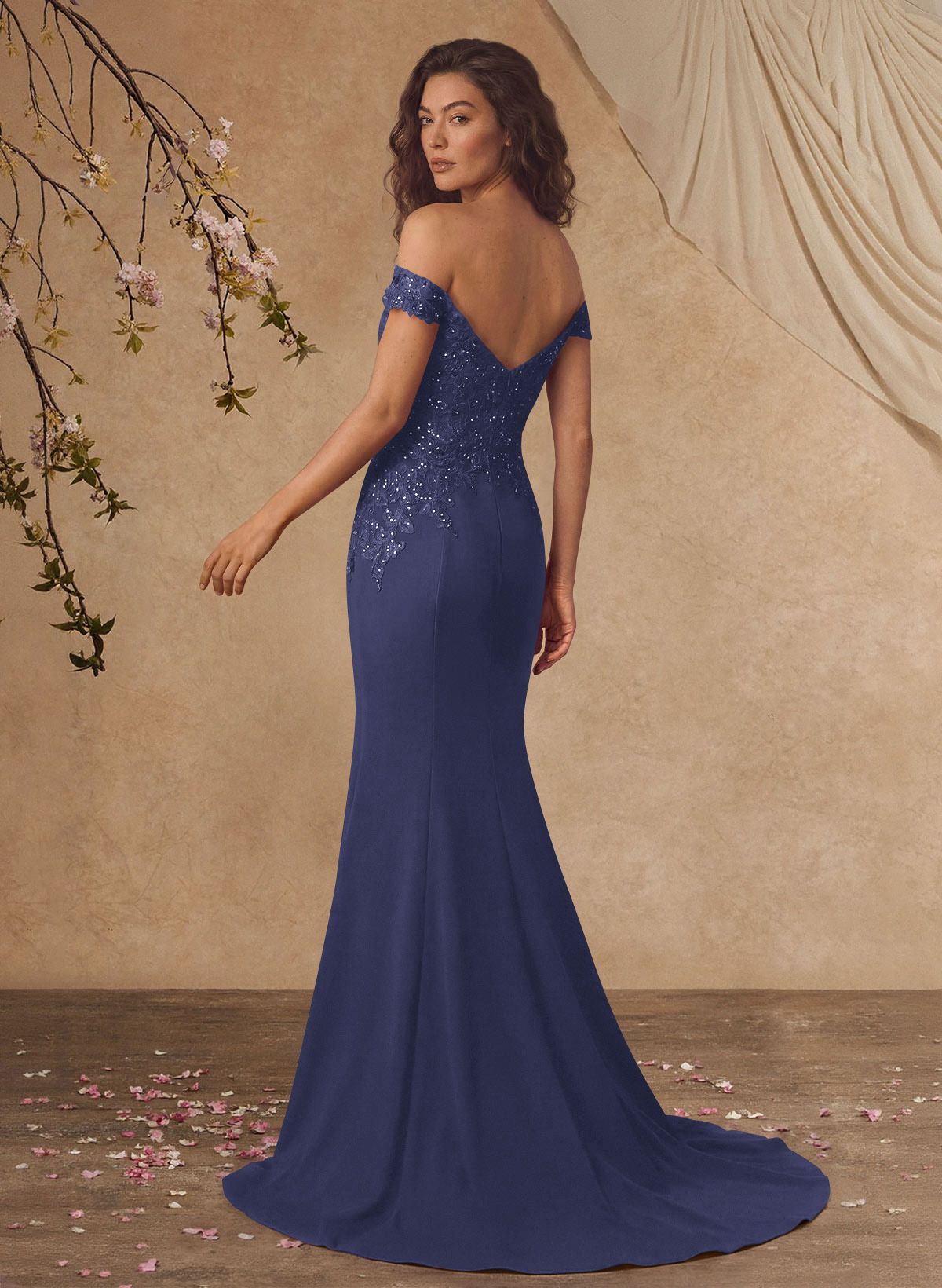 Off-The-Shoulder Elegant Elastic Satin Mother Of The Bride Dresses With Beaded Applique