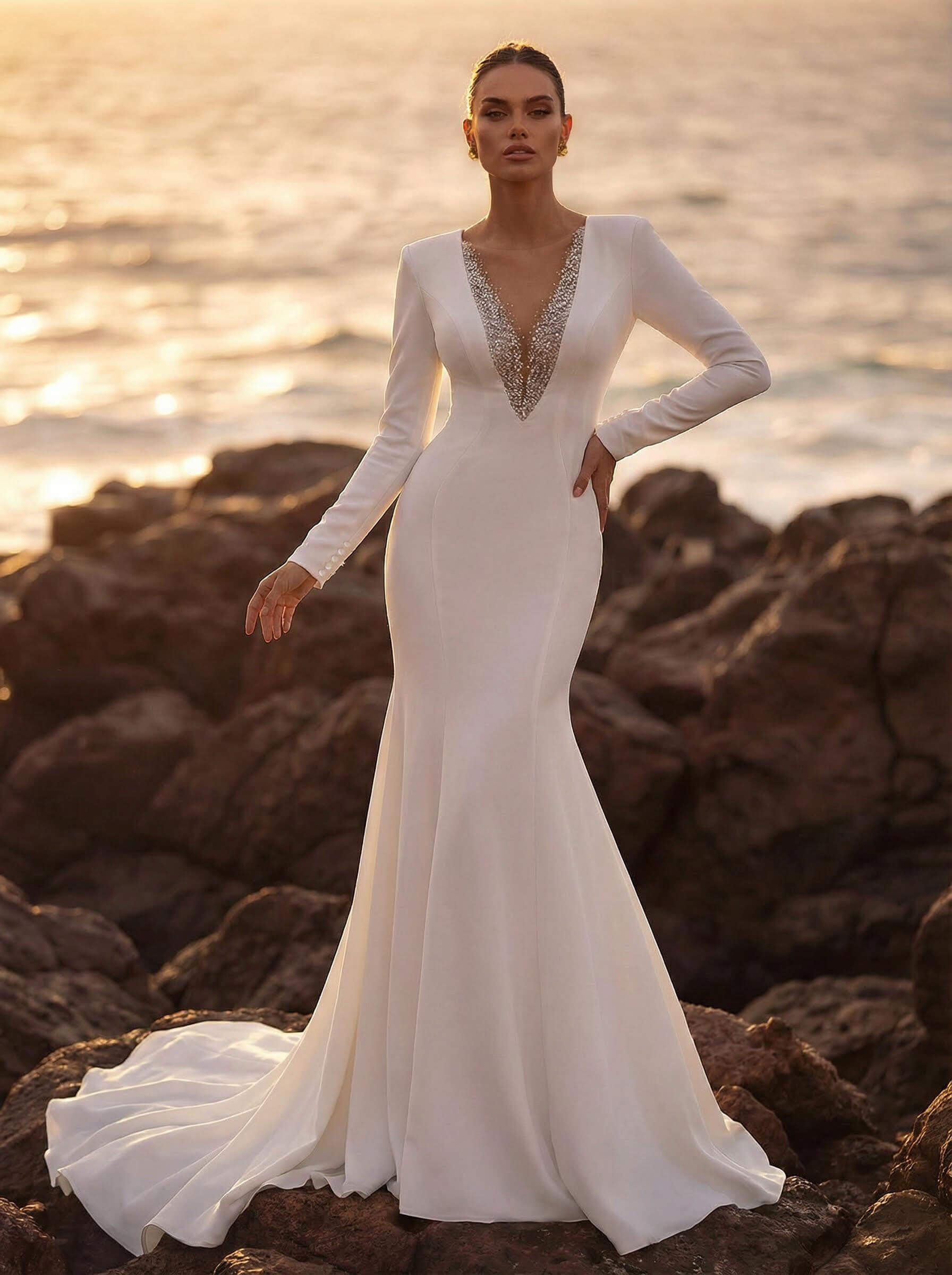 Trumpet/Mermaid V-Neck Long Sleeves Elastic Satin/Sequined Wedding Dresses, image 1