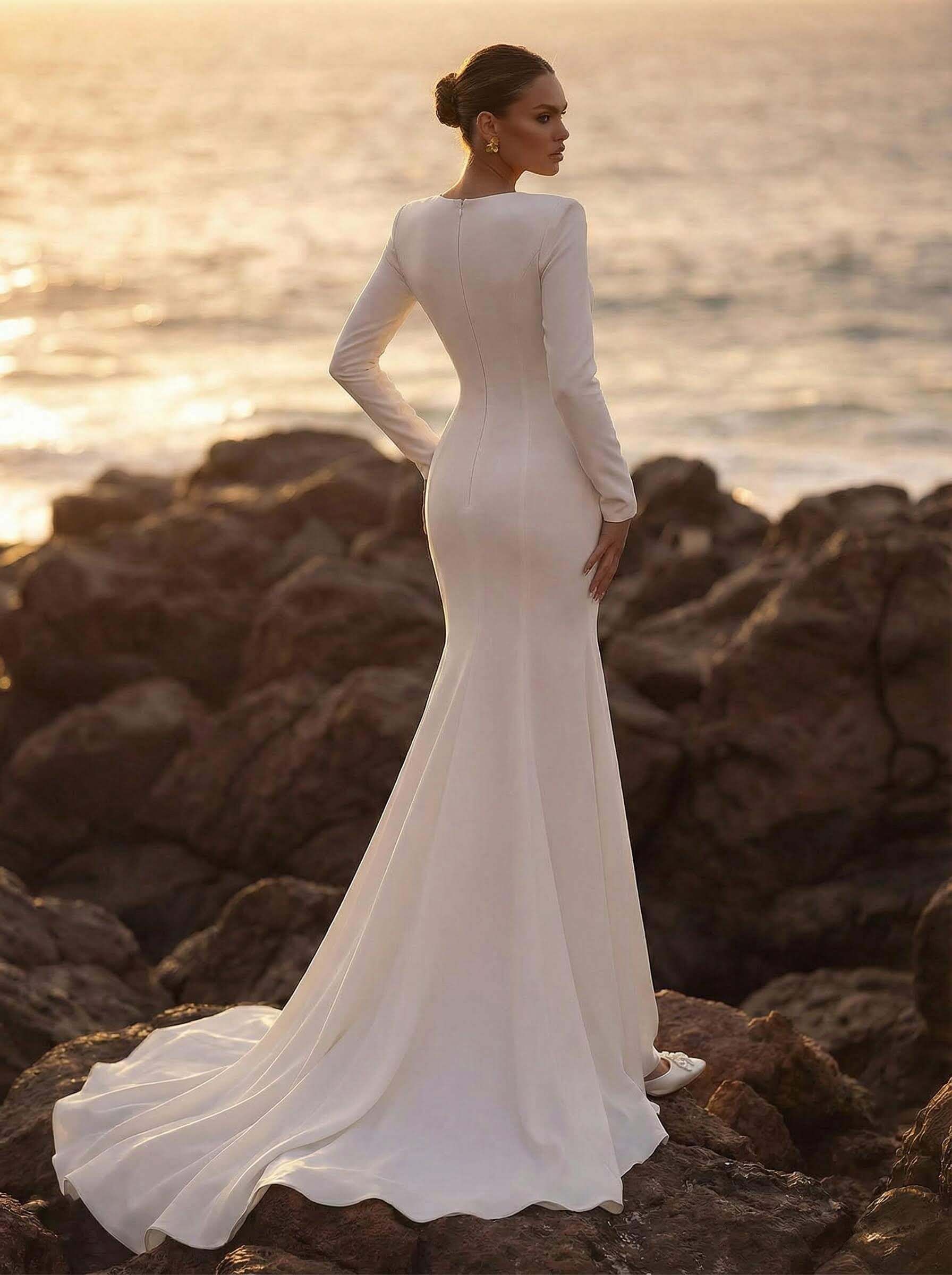 Trumpet/Mermaid V-Neck Long Sleeves Elastic Satin/Sequined Wedding Dresses, image 2