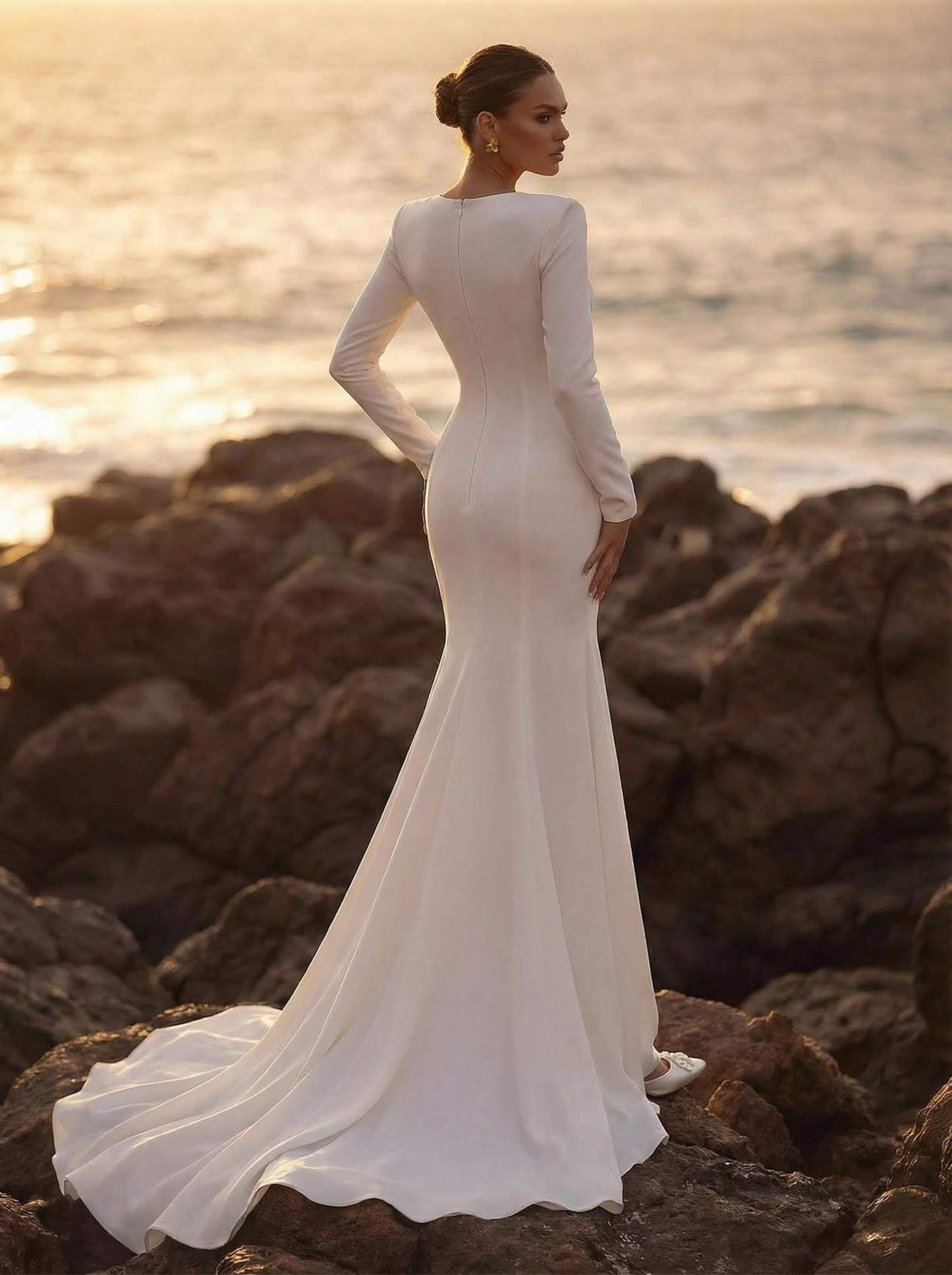 Trumpet/Mermaid V-Neck Long Sleeves Elastic Satin/Sequined Wedding Dresses, image 2