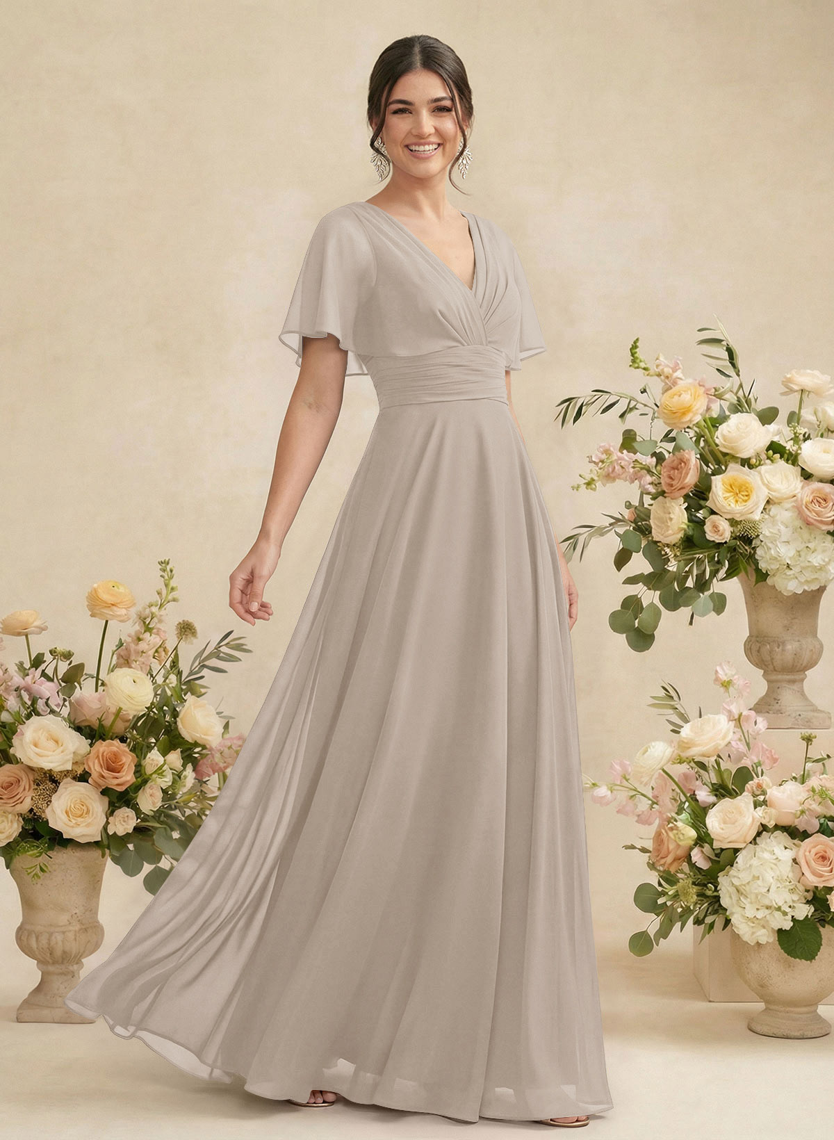 V-Neck Chiffon Bridesmaid Dresses With Short Sleeves, product image 241