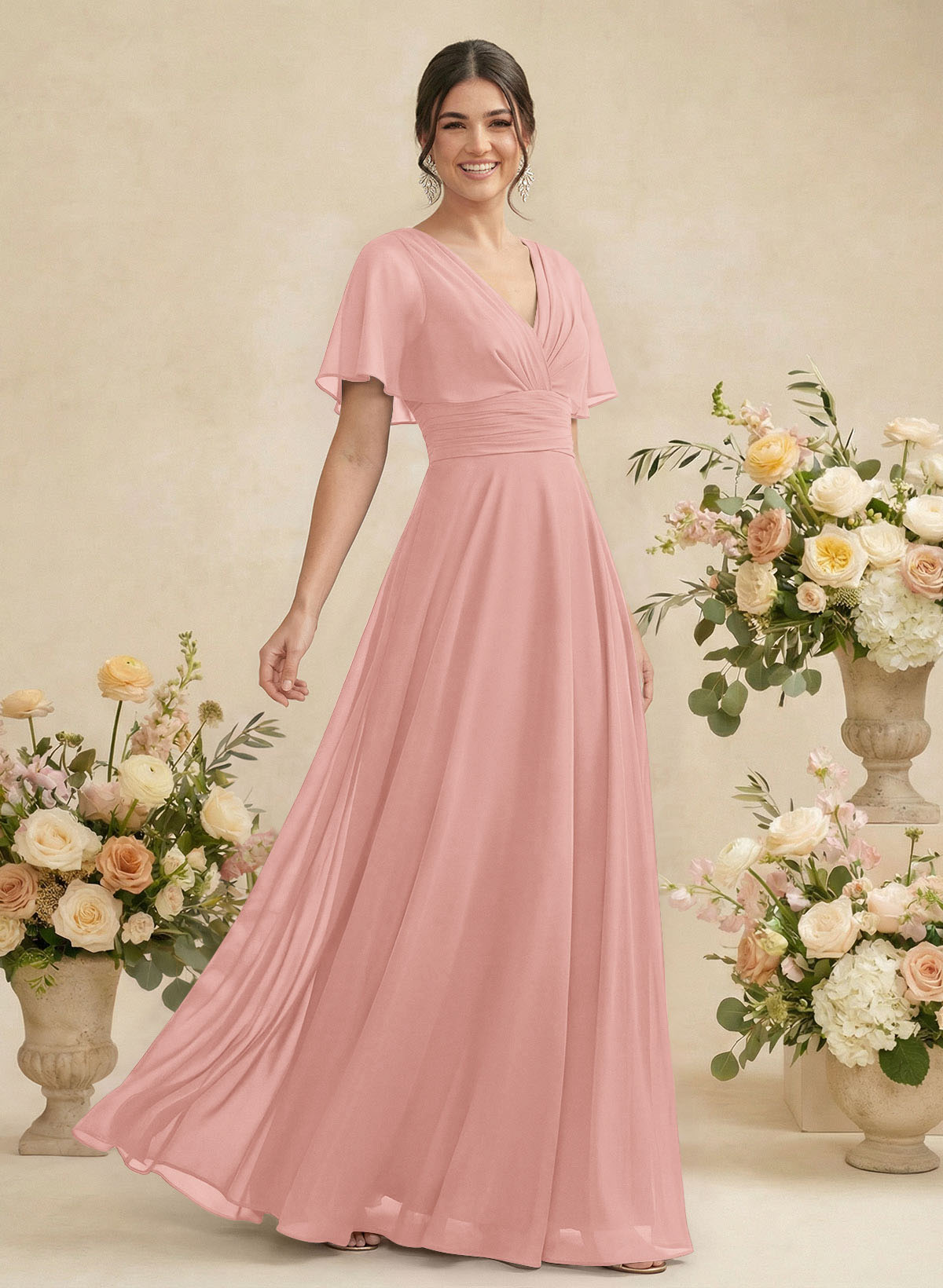 V-Neck Chiffon Bridesmaid Dresses With Short Sleeves, product image 85
