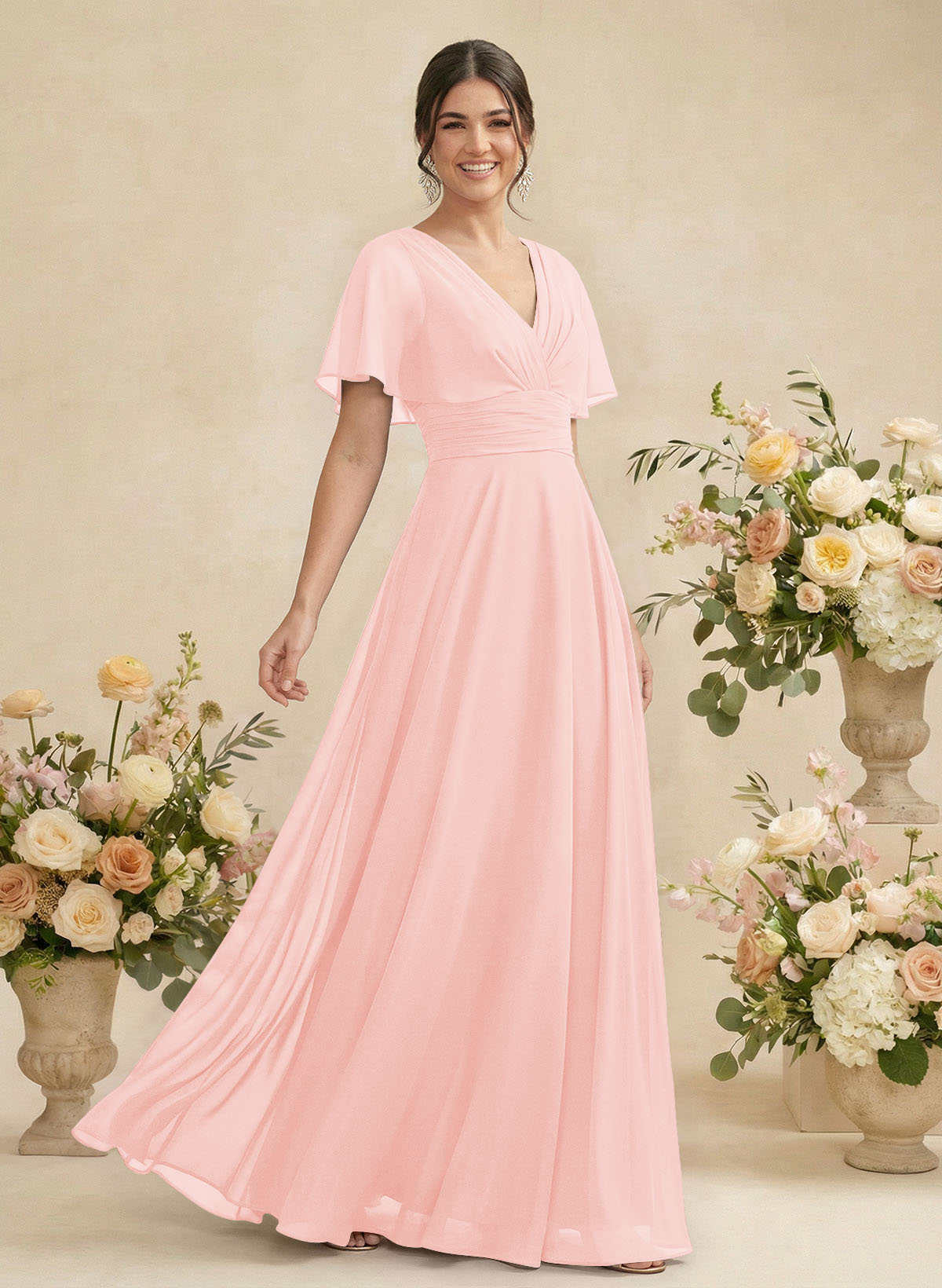V-Neck Chiffon Bridesmaid Dresses With Short Sleeves, product image 97